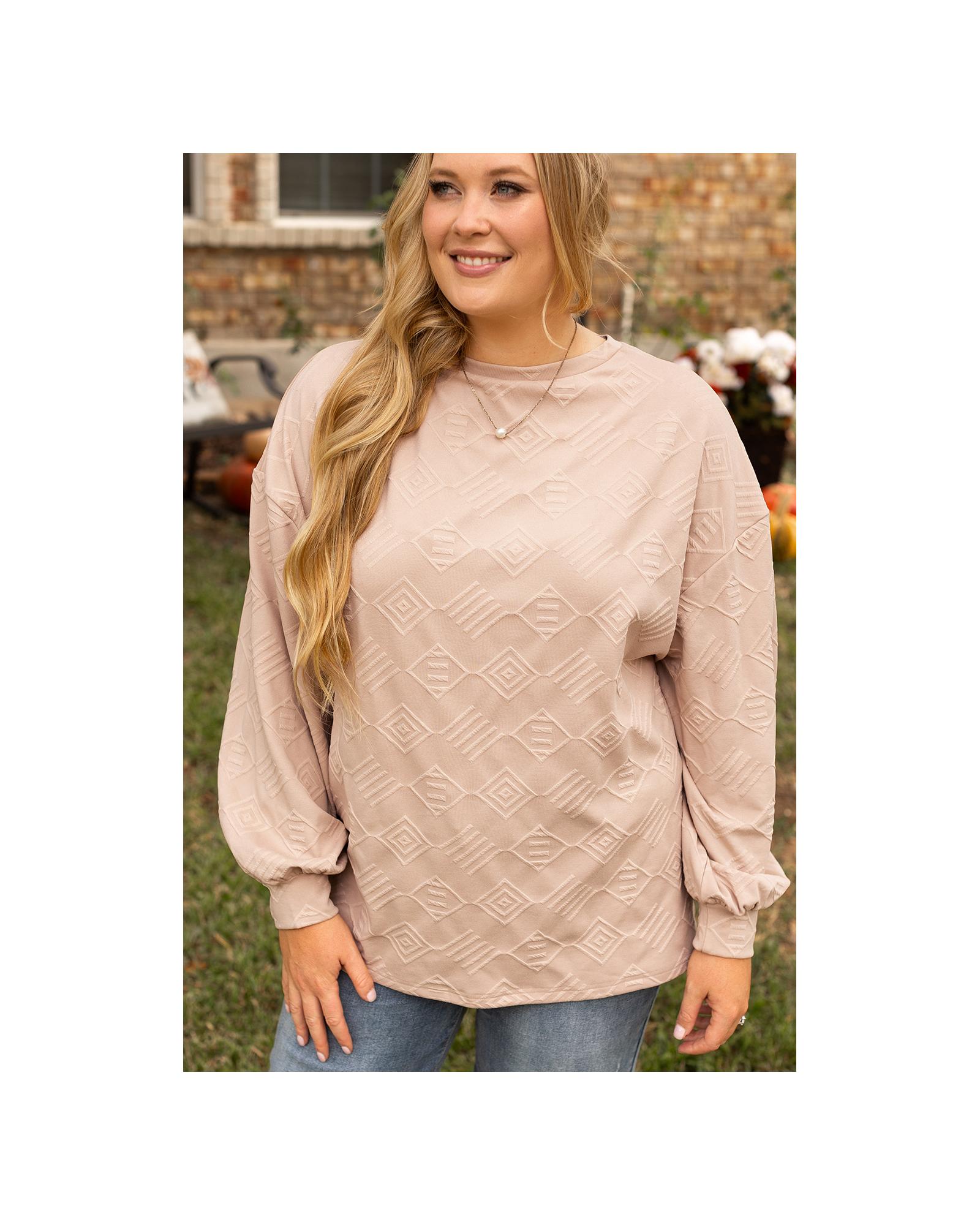 V539-AZEXPL2521151-P6016-1X-202506190031-00 Parchment Plus Size Textured Drop Shoulder Crew Neck Sweatshirt - 1X - Image 1