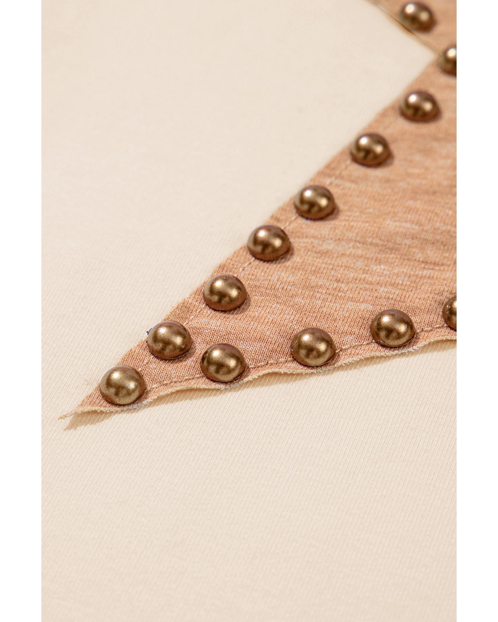 V539-AZEXPL2521166-P15-1X-202506182211-00 Beige Star Shape Studded Crew Neck Plus Size T Shirt - 1X - Image 1