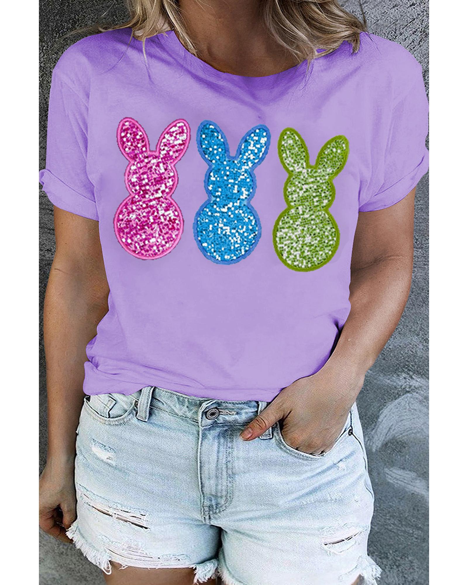 V539-AZEXPL2521794-P708-2X-202508310440-00 Orchid Petal Sequin Bunny Graphic Plus Size Easter Tee - 2X - Image 1