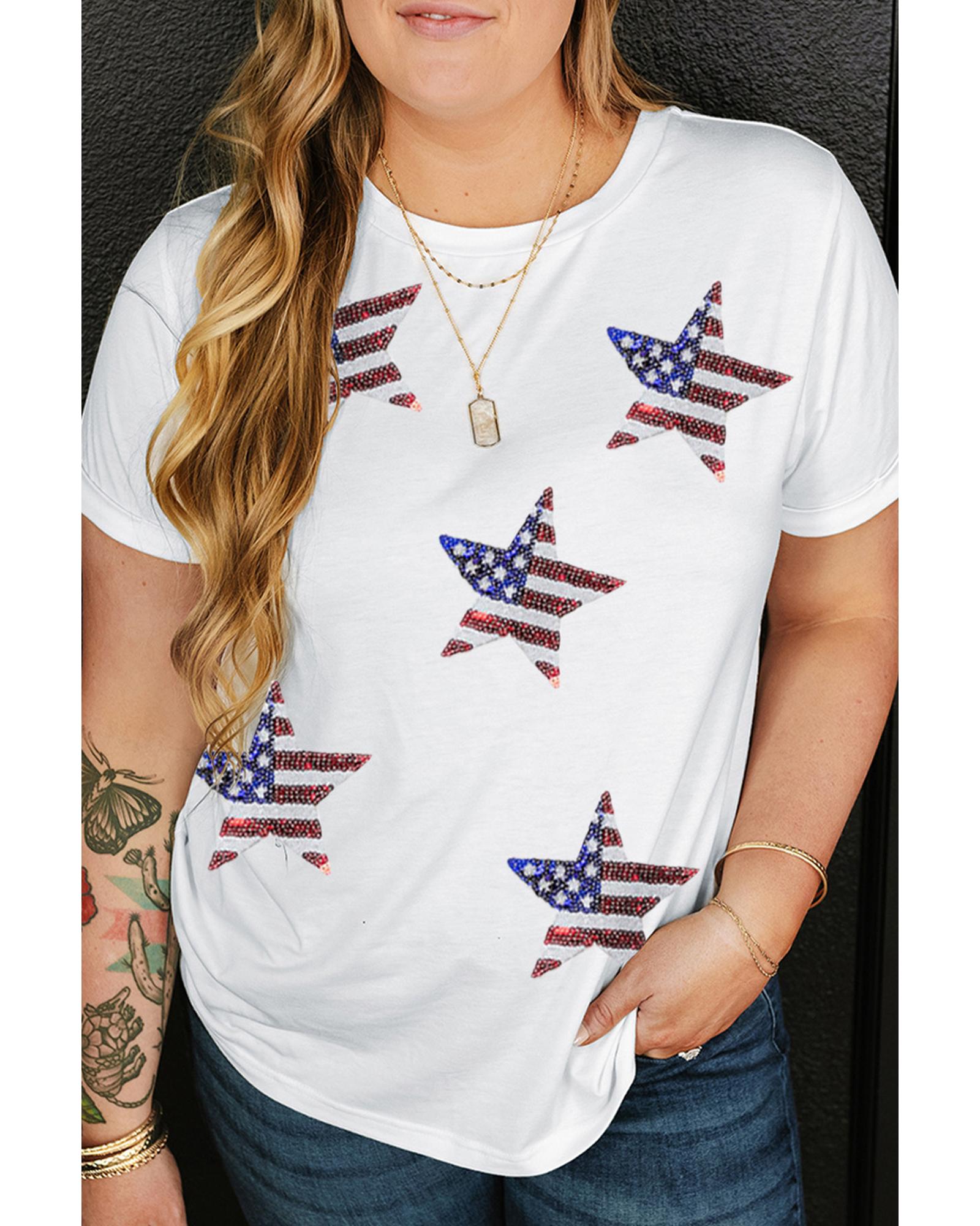 V539-AZEXPL252991-P1-2X-202508310410-00 White Sequin American Flag Star Pattern Plus Size Tee - 2X - Image 1