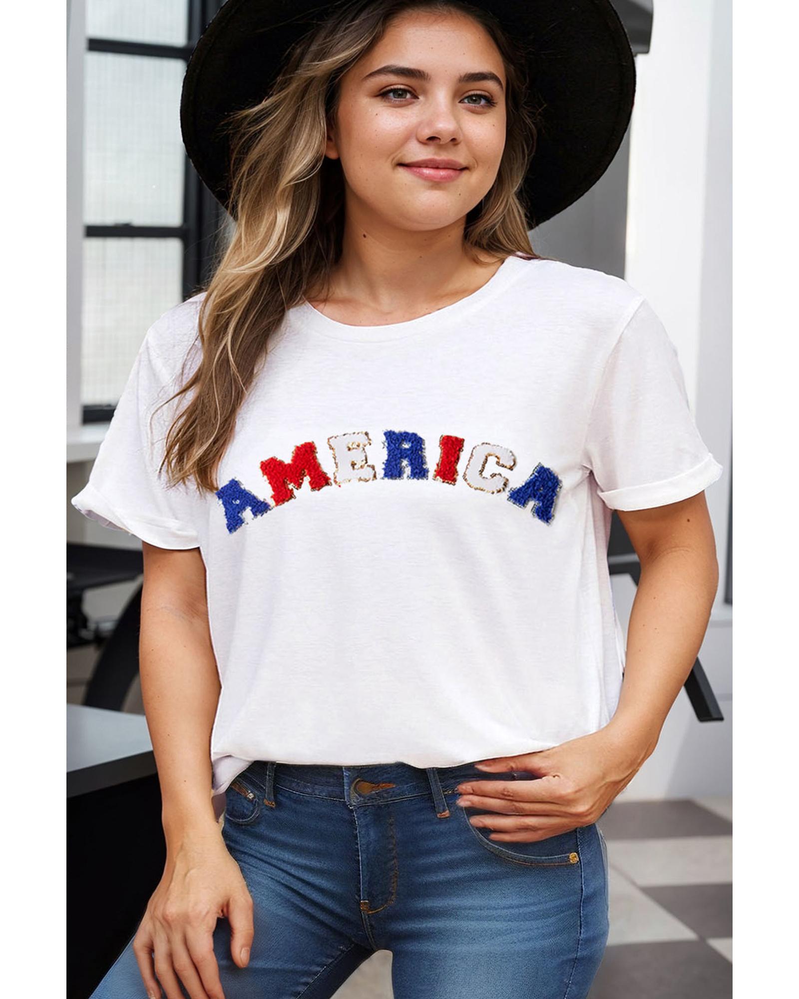 V539-AZEXPL252998-P1-2X-202508310550-00 White AMERICA Chenille Embroidered Plus Size T Shirt - 2X - Image 1