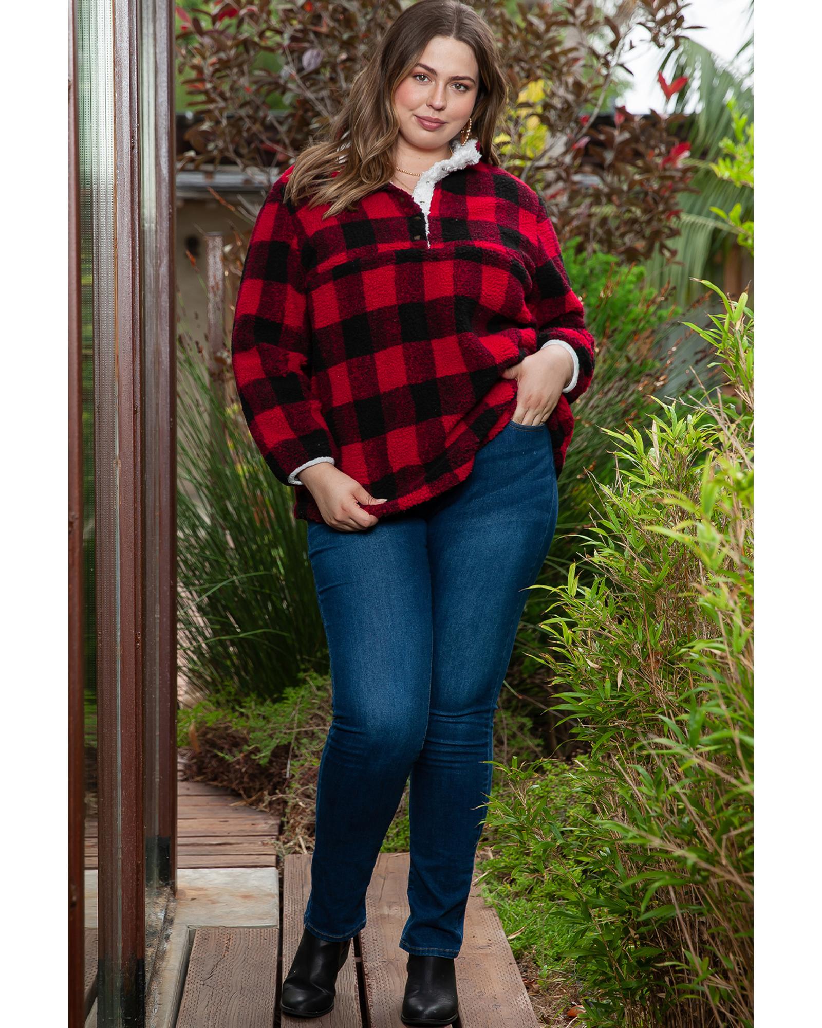 V539-AZEXPL253222-3-3X-202508311500-00 Red Plus Size Buffalo Plaid Sherpa Henley Sweatshirt - 3X - Image 1
