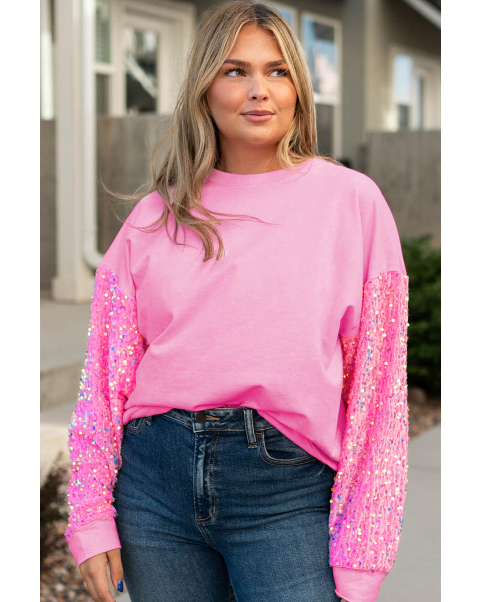 V539-AZEXPL253346-P10-1X-202506182227-00 Pink Plus Size Sequin Sleeve Drop Shoulder Sweatshirt - 1X - Image 1
