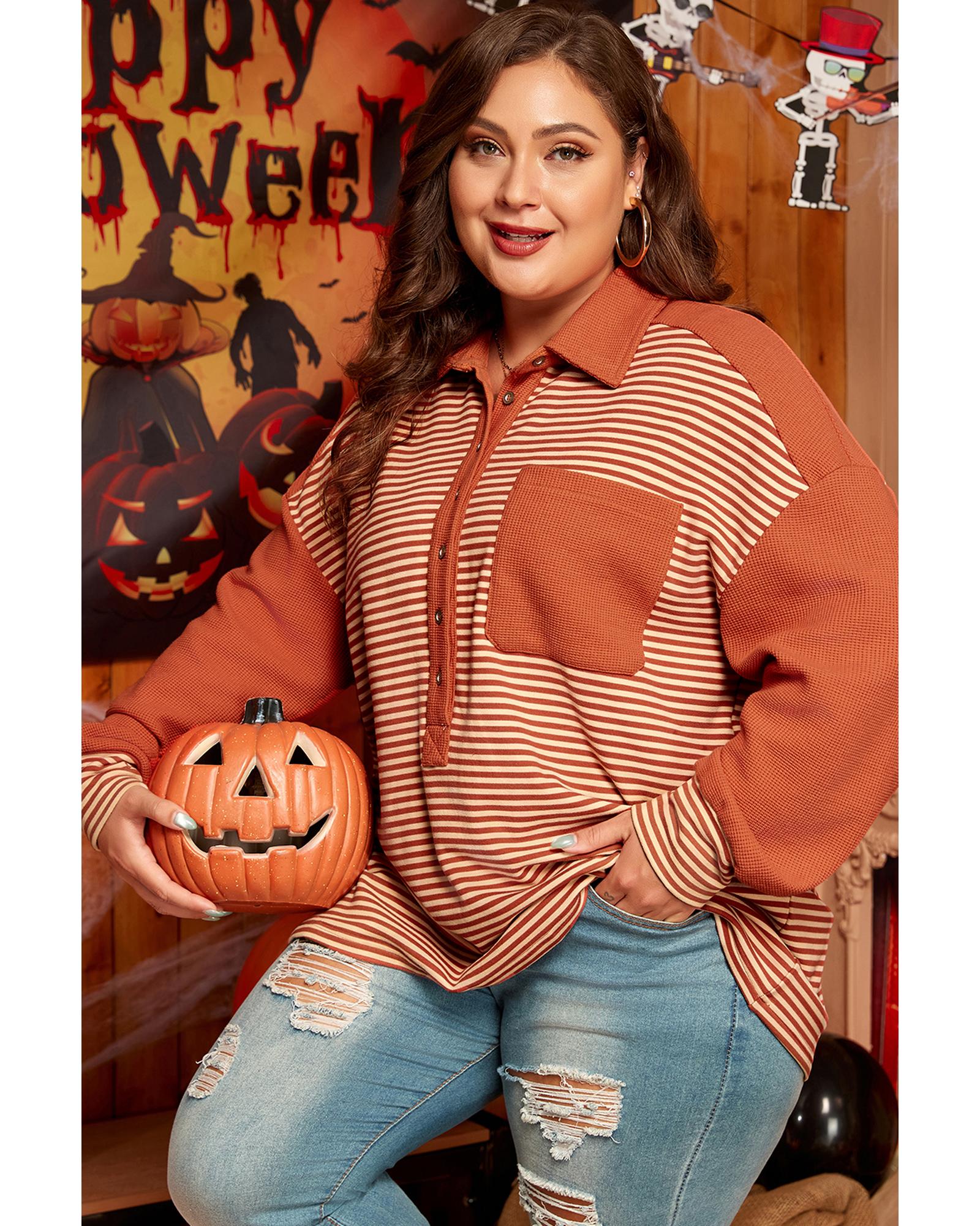 V539-AZEXPL253590-P319-2X-202508310540-00 Red Stripe Textured Patched Drop Shoulder Buttoned Plus Size Sweatshirt - 2X - Image 1