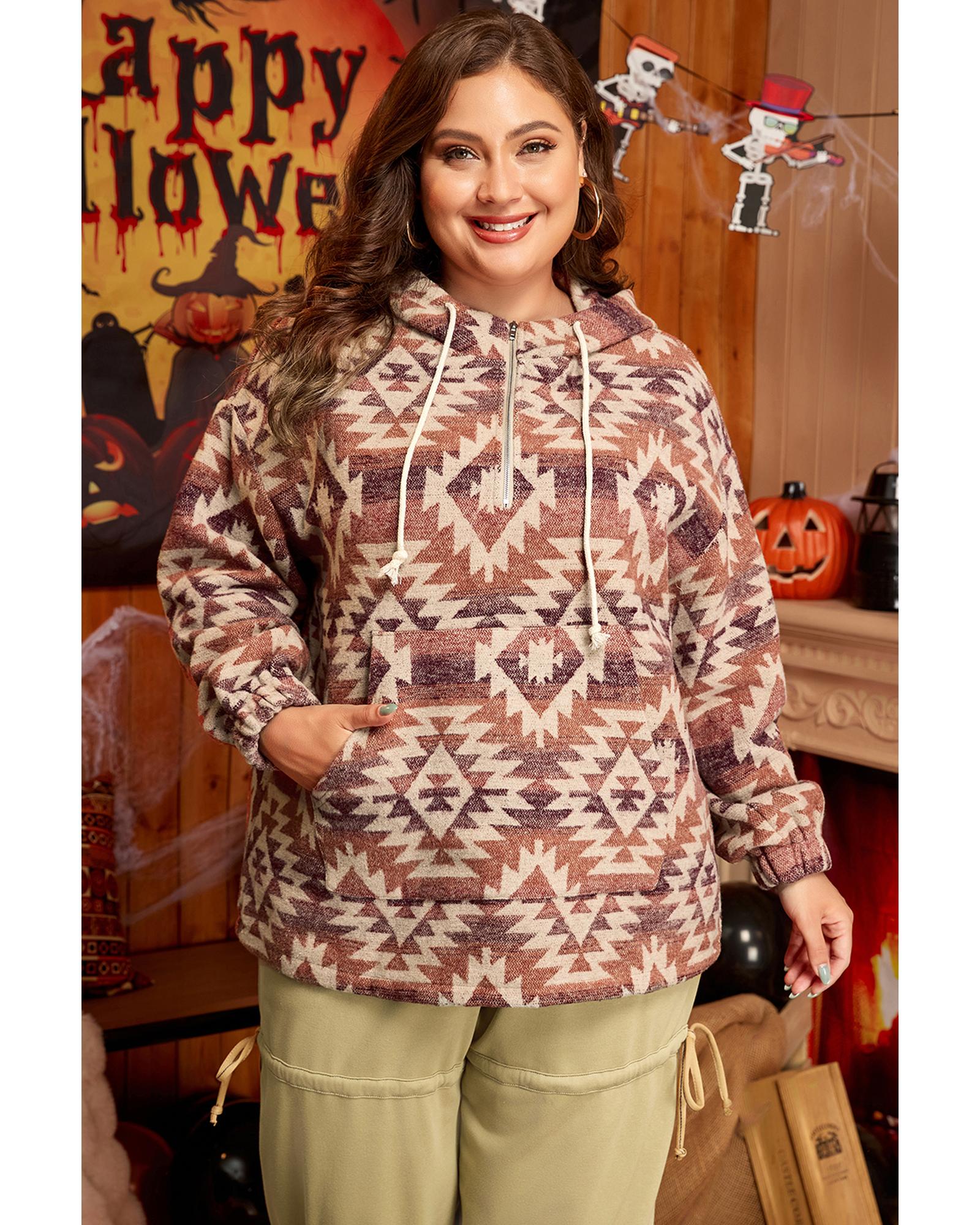 V539-AZEXPL253621-P320-3X-202508301335-00 Red Plus Size Western Fashion Aztec Patterned Half Zip High Neck Hoodie - 3X - Image 1