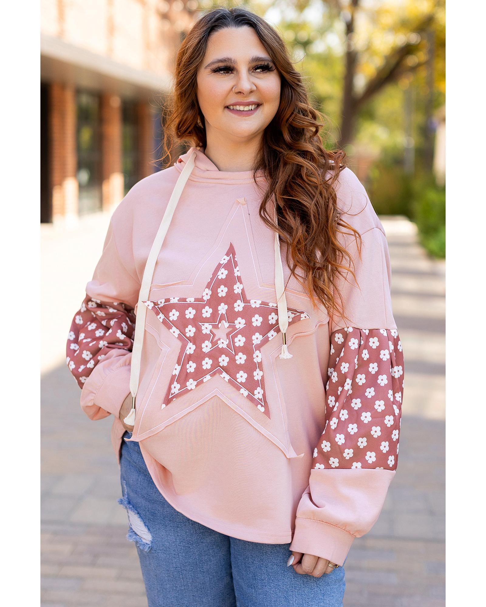 V539-AZEXPL253678-P1210-2X-202508301445-00 Delicacy Star Patch Graphic Floral Color Block Drawstring Plus Size Hoodie - 2X - Image 1