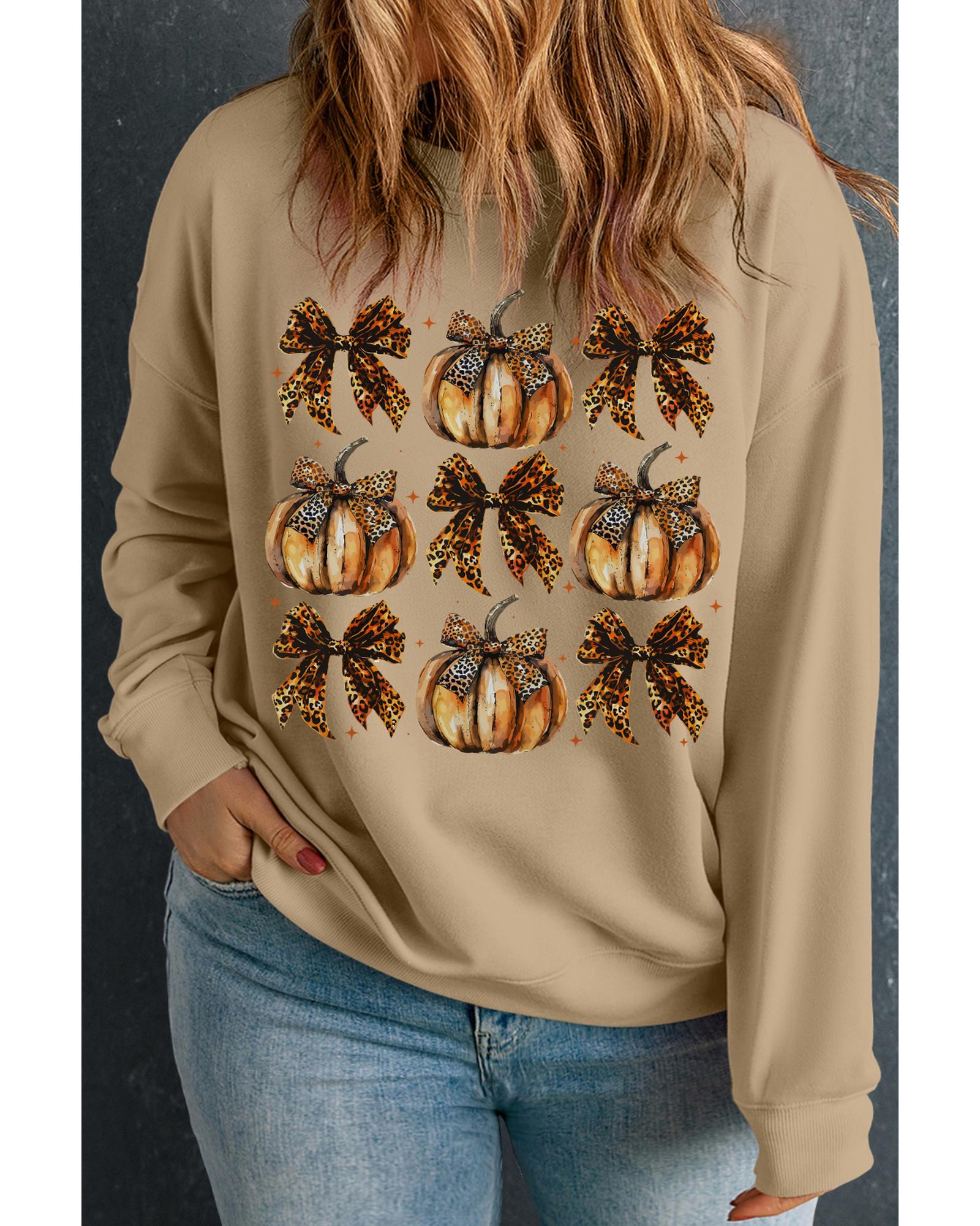 V539-AZEXPL253829-P18-1X-202506151847-00 Apricot Halloween Leopard Pumpkin Bow Knot Print Plus Size Sweatshirt - 1X - Image 1