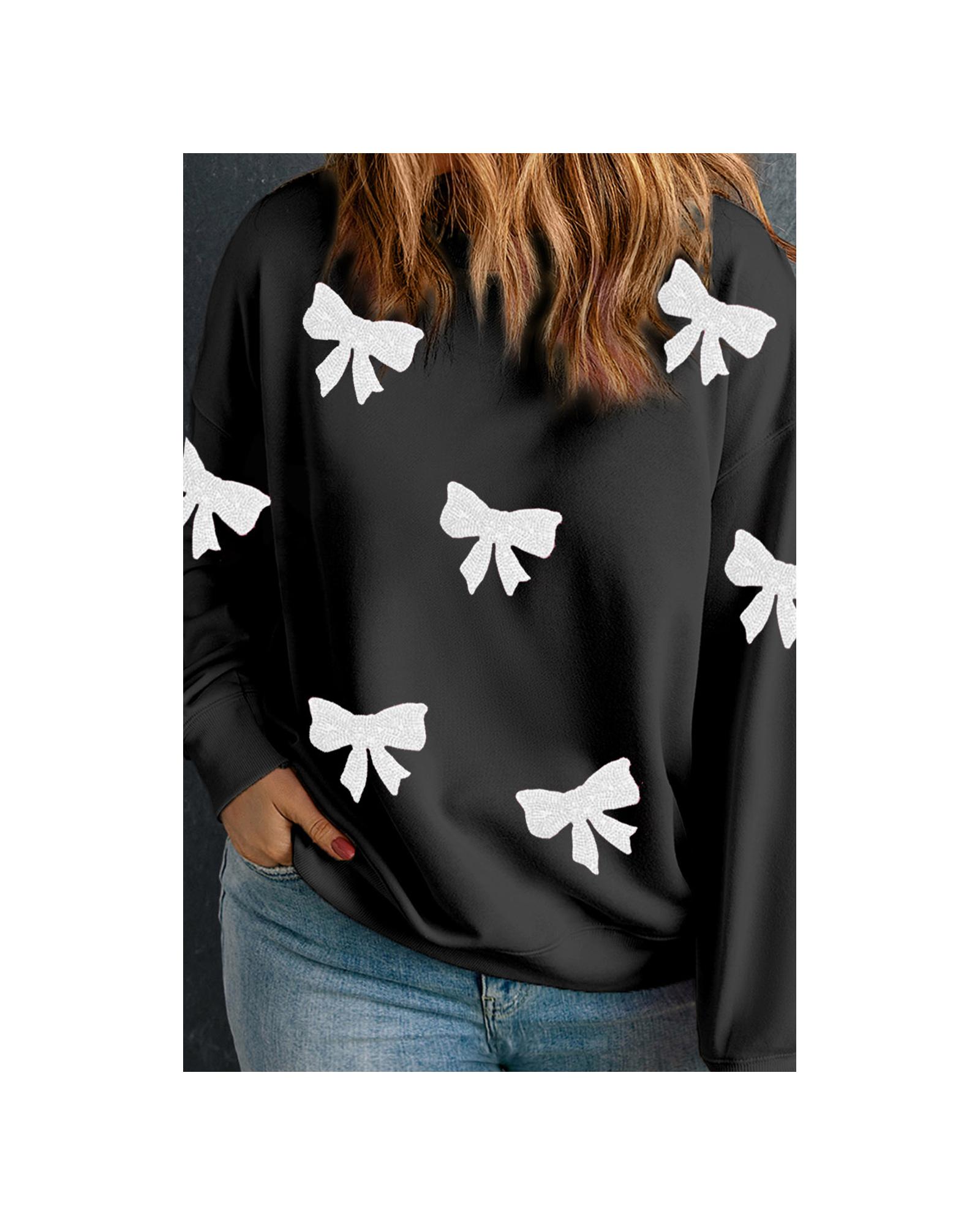 V539-AZEXPL253895-P2-4X-202508300835-00 Black Bow Pattern Drop Shoulder Plus Size Sweatshirt - 4X - Image 1
