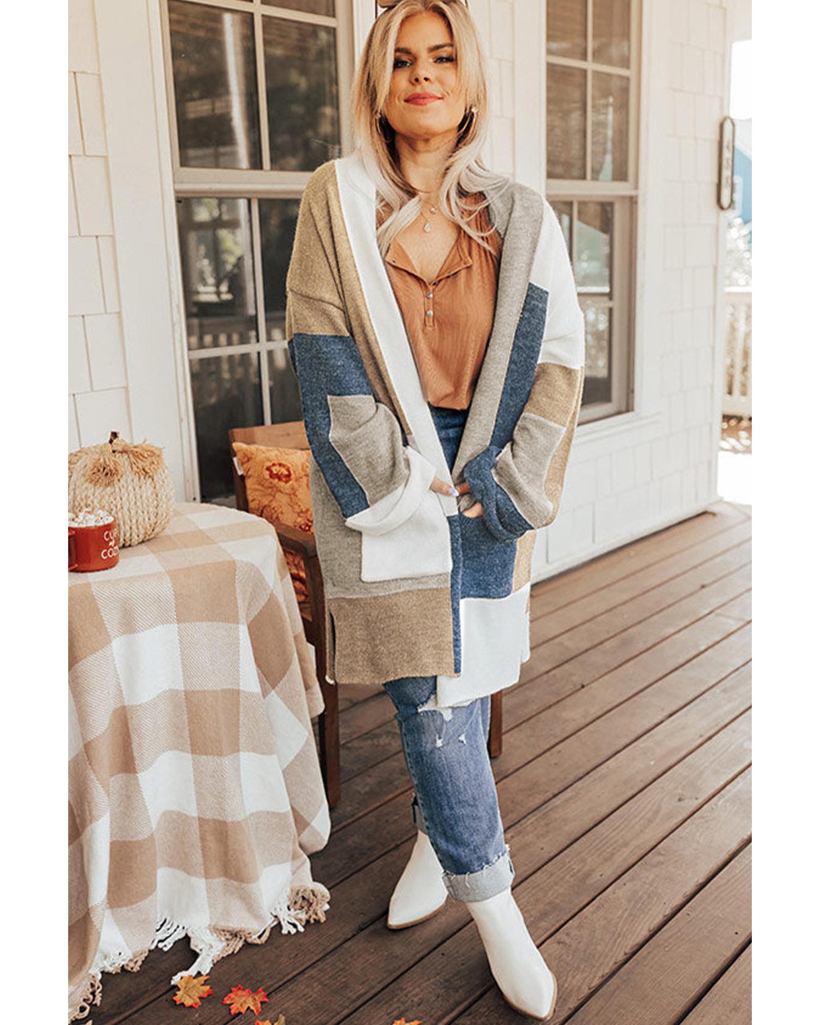 V539-AZEXPL254135-22-1X-202506151935-00 Multicolor Plus Size Colorblock Knit Cardigan - 1X - Image 1