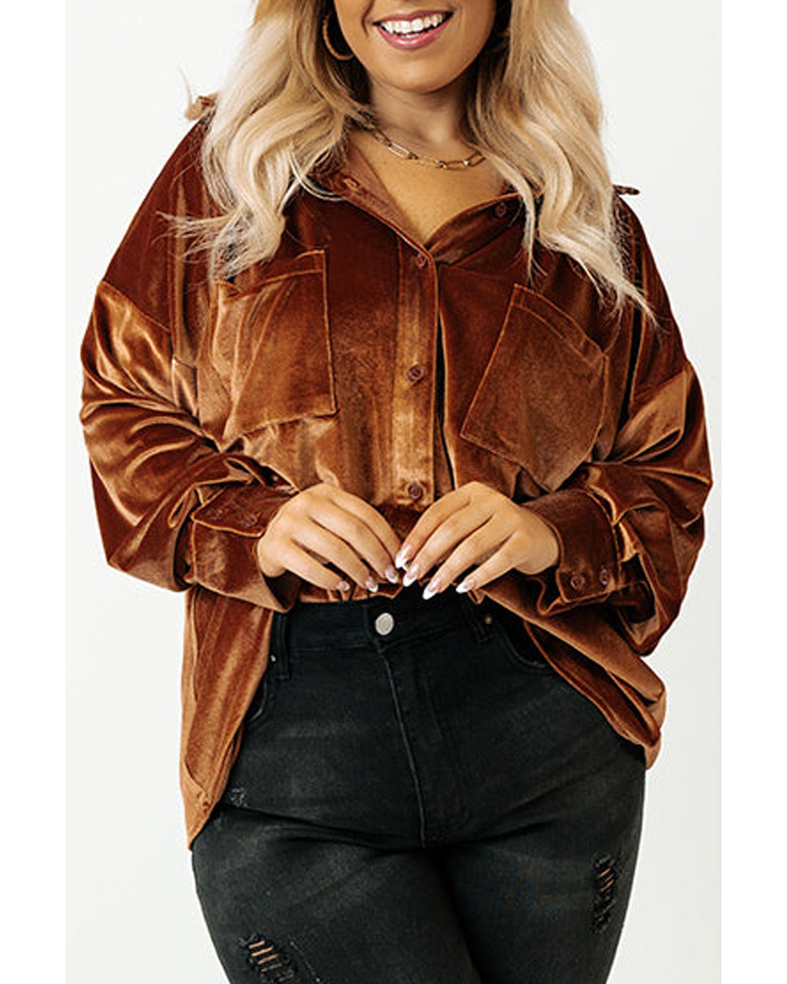 V539-AZEXPL255321-P2017-1X-202506152015-00 Chestnut Plus Size Velvet Chest Pocket Drop Shoulder Shirt - 1X - Image 1