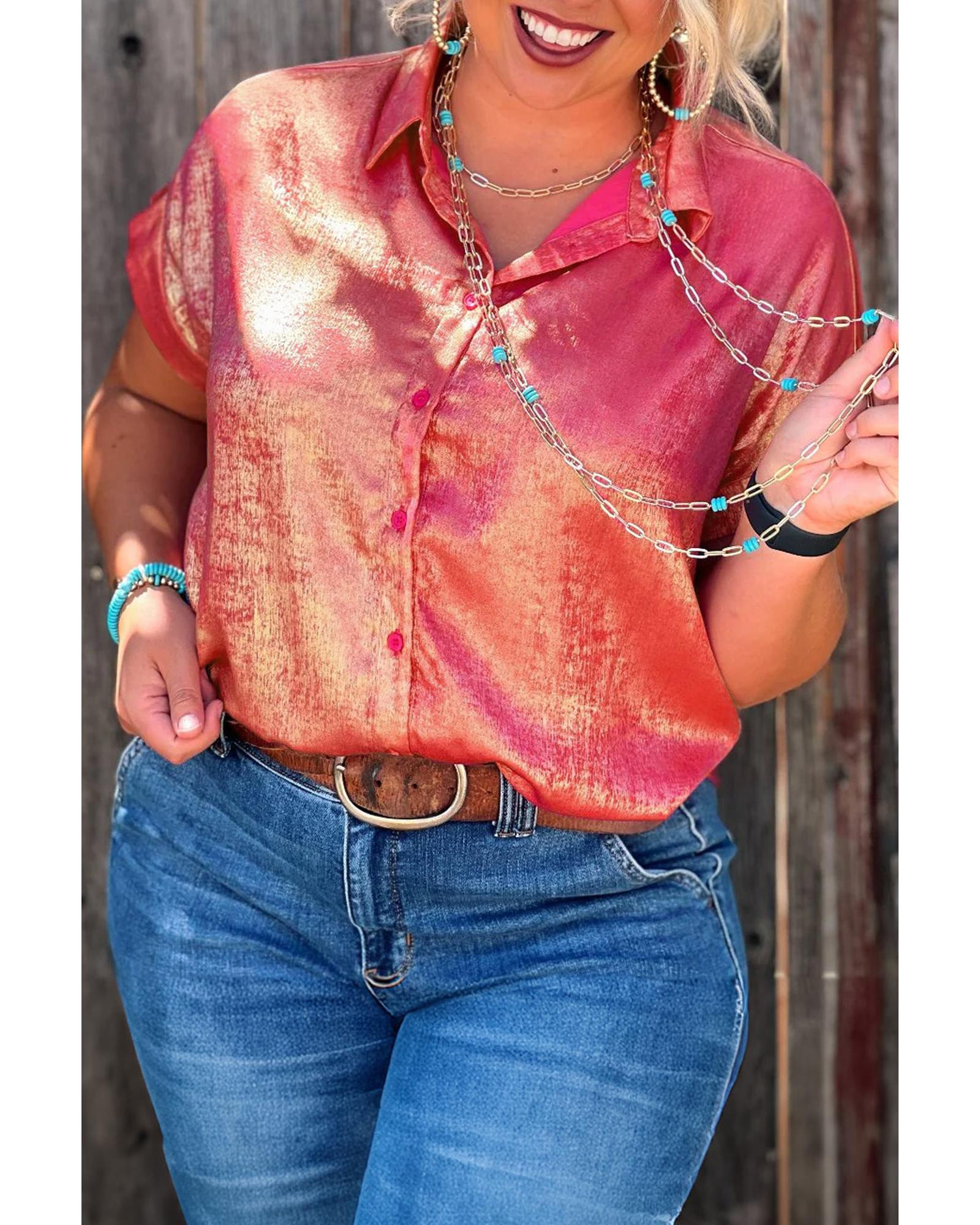 V539-AZEXPL255427-P6-4X-202508302200-00 Rose Red Plus Size Metallic Sheen Short Sleeve Button Up Shirt - 4X - Image 1
