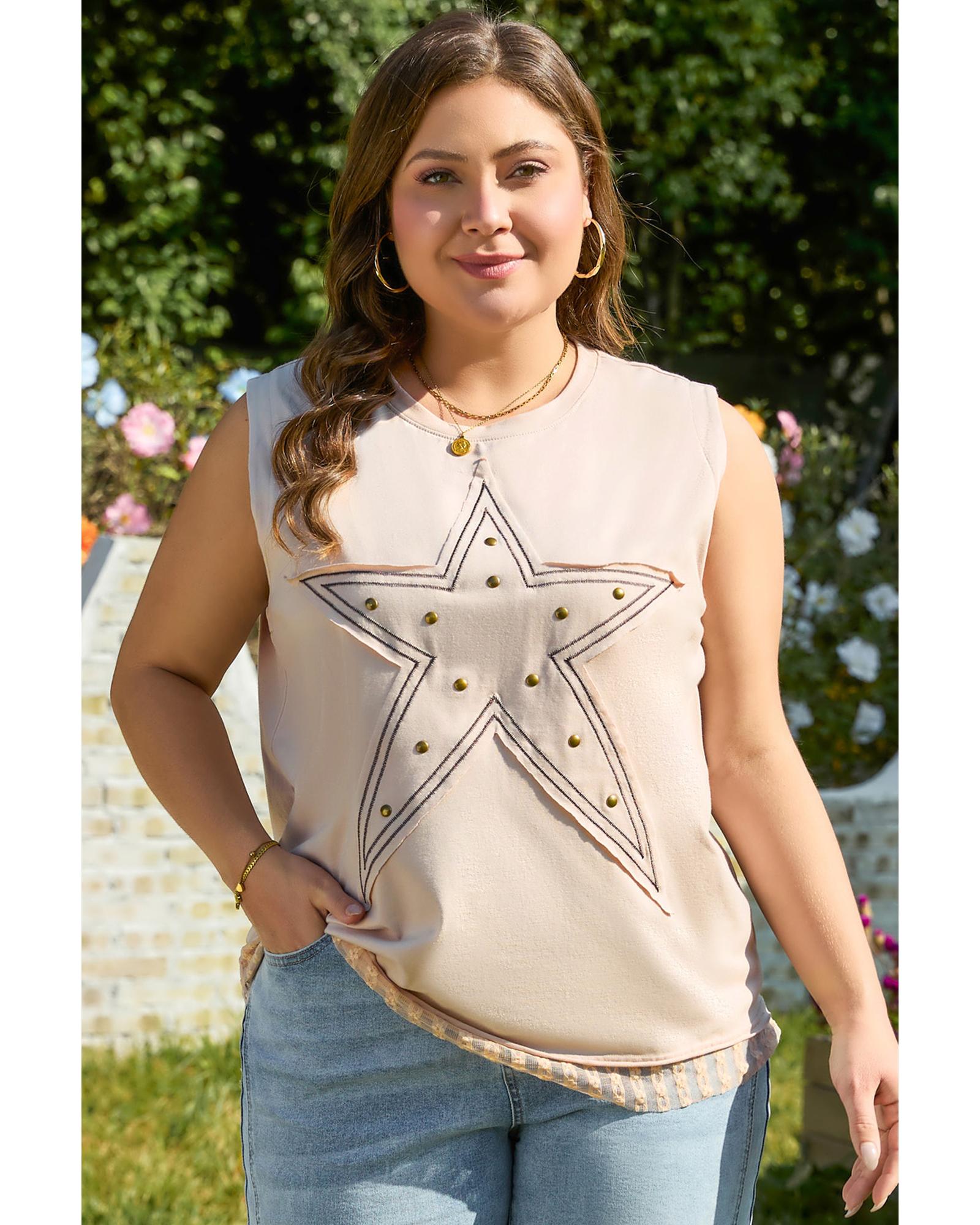 V539-AZEXPL256446-P6016-2X-202508302355-00 Parchment Studded Star Lace Patchwork Hem Plus Size Tank Top - 2X - Image 1
