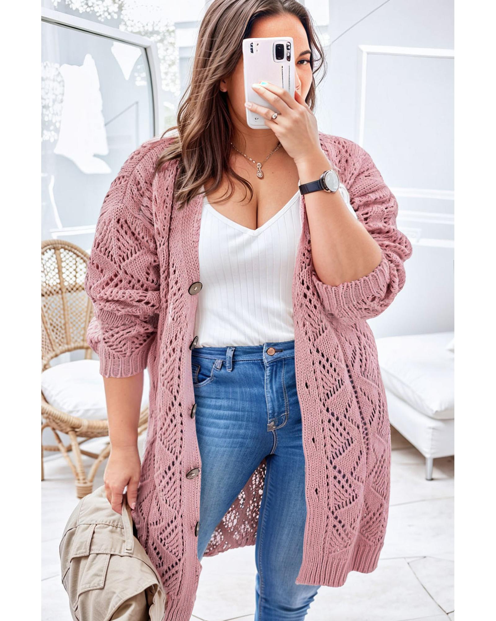 V539-AZEXPL271035-10-2X-202508310125-00 Pink Open Knit Button-Up Plus Size Cardigan - 2X - Image 1