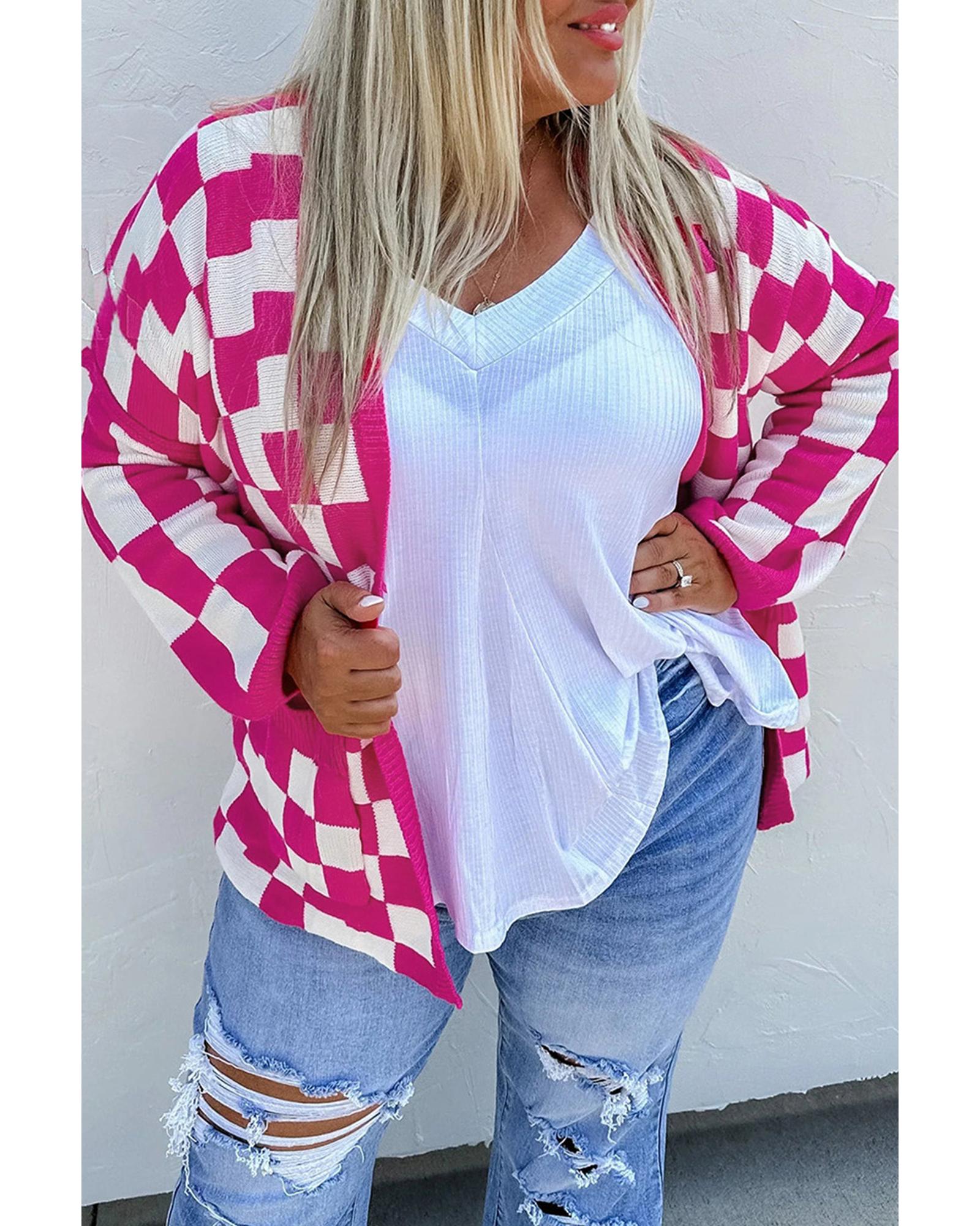 V539-AZEXPL271072-P3010-1X-202506151727-00 Bonbon Checkered Pattern Open Front Plus Size Cardigan - 1X - Image 1