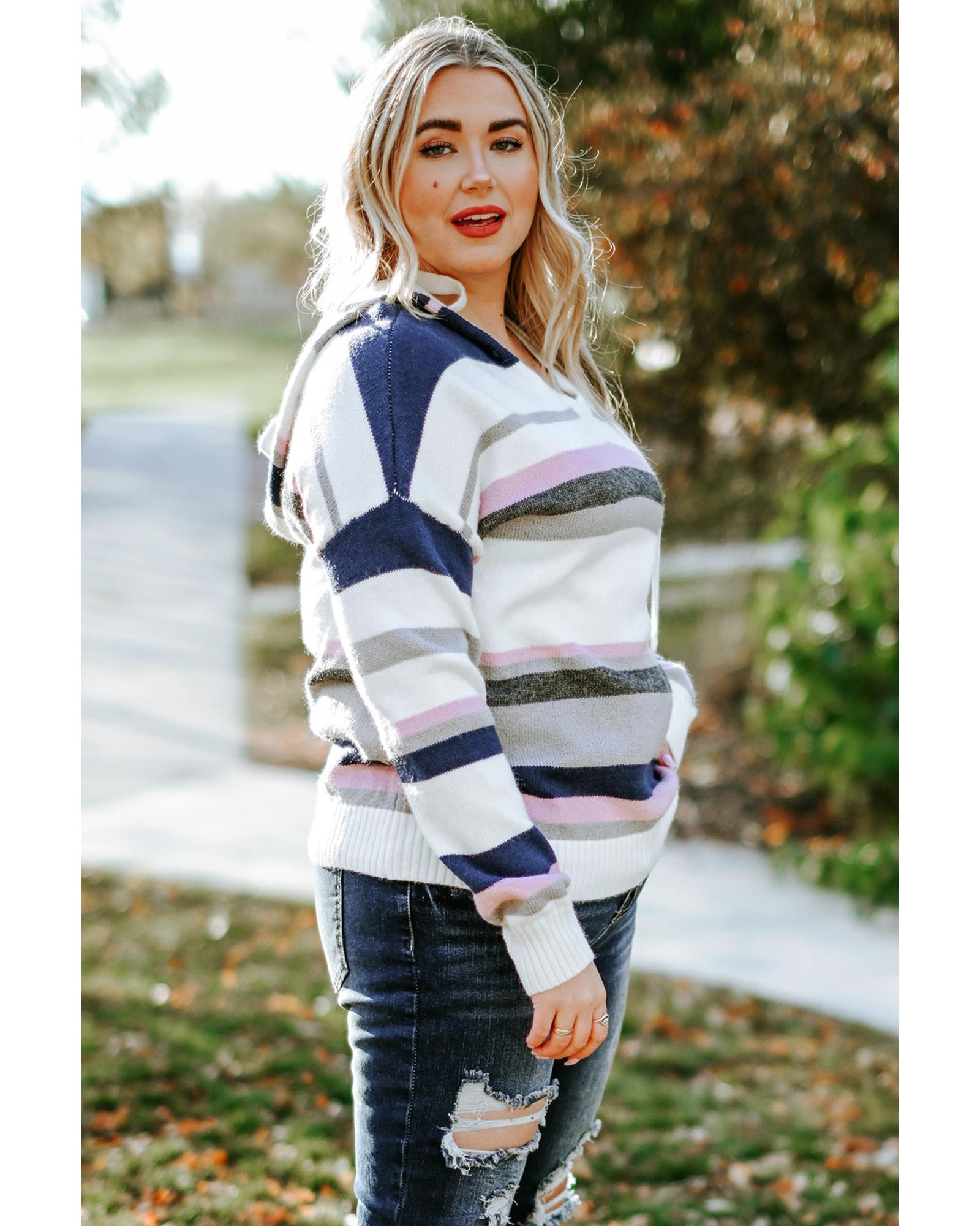 V539-AZEXPL272067-19-3X-202508300705-00 Stripe Plus Size Striped Hooded Knit Sweater - 3X - Image 1