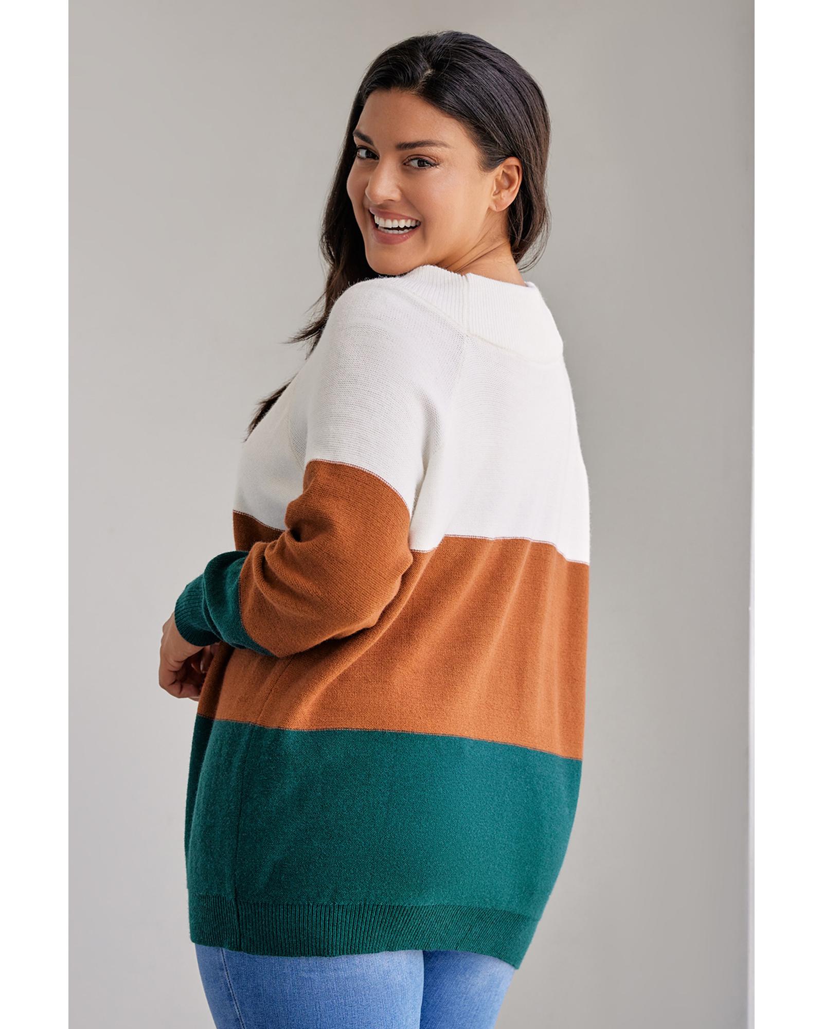 V539-AZEXPL272119-17-2X-202508301040-00 Brown Plus Size Ribbed Trim Color Block Sweater - 2X - Image 1