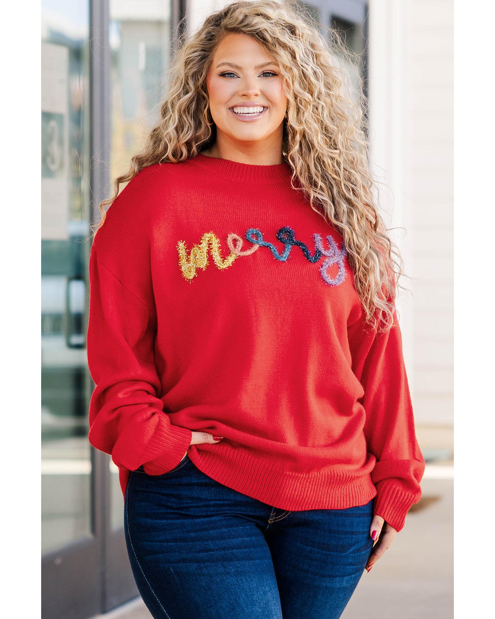 V539-AZEXPL272324-P3-1X-202506151836-00 Fiery Red Tinsel merry Pattern Drop Shoulder Plus Size Sweater - 1X - Image 1