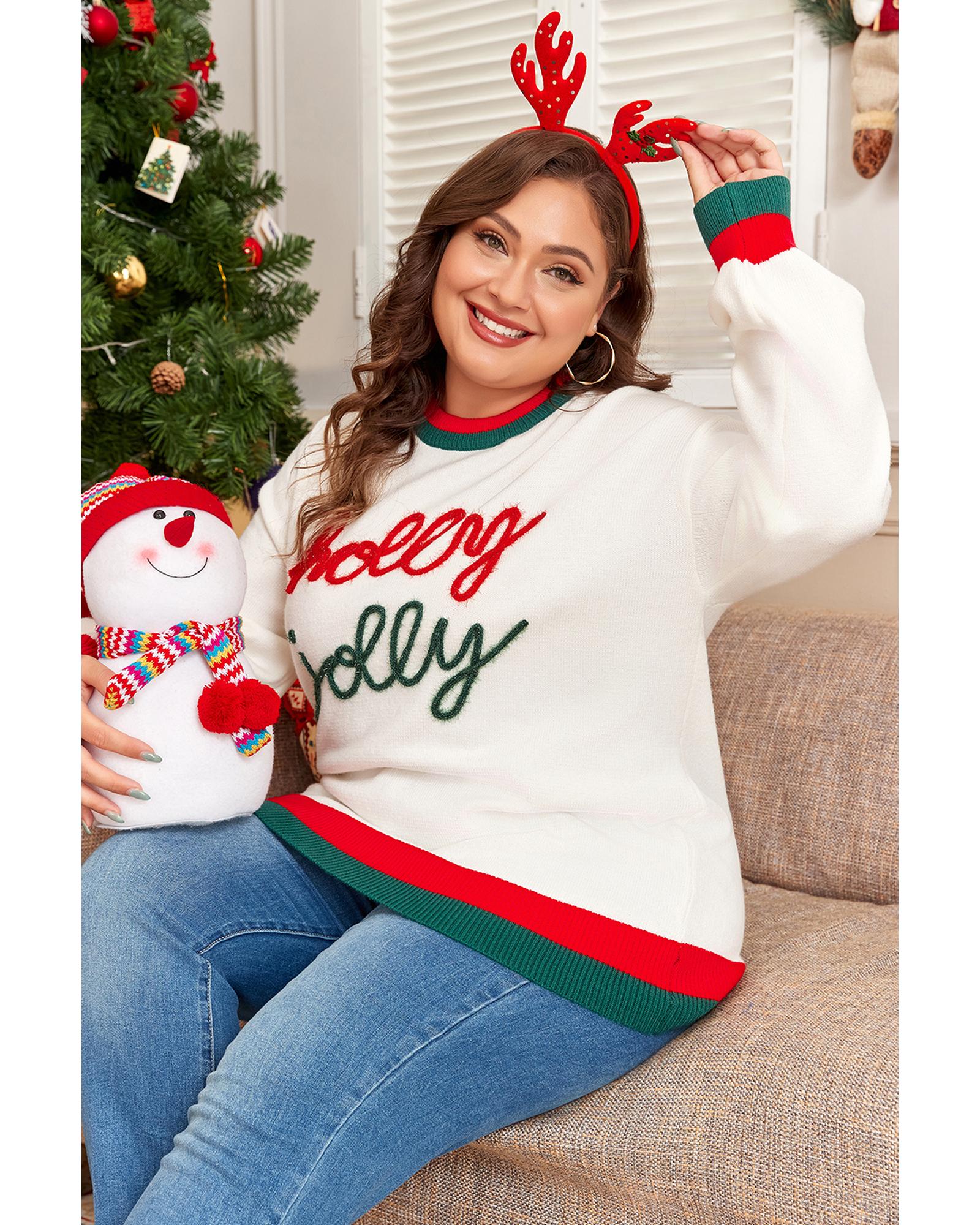 V539-AZEXPL272358-P122-3X-202506151842-00 White Tinsel holly jolly Pattern Colorblock Edge Drop Shoulder Plus Size Sweater - 3X - Image 1