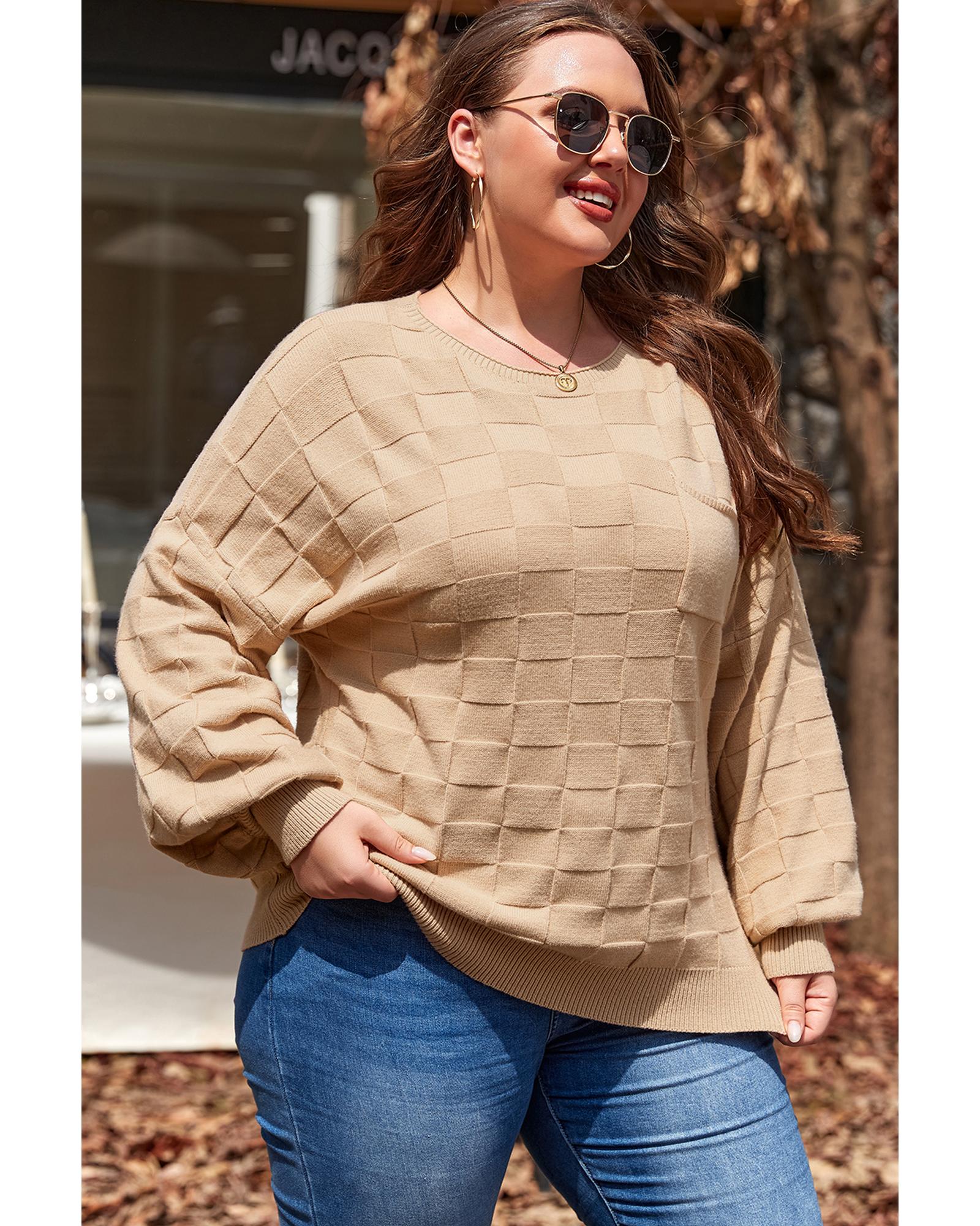 V539-AZEXPL2724713-P4016-3X-202508302130-00 Light French Beige Solid Checkered Textured Knit Plus Size Sweater - 3X - Image 1