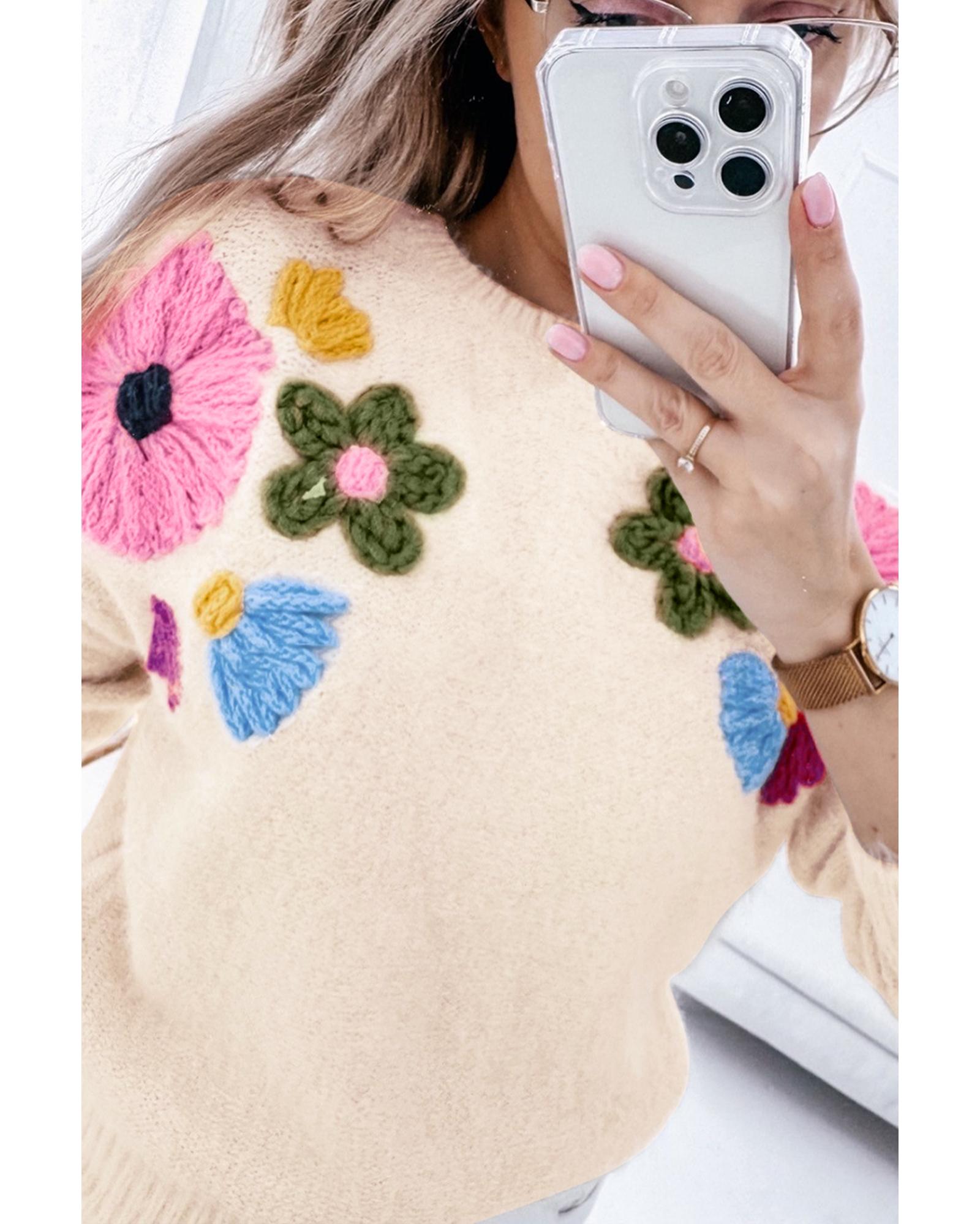 V539-AZEXPL2724823-P15-1X-202506151906-00 Beige Plus Size Crochet Flower Pullover Sweater - 1X - Image 1