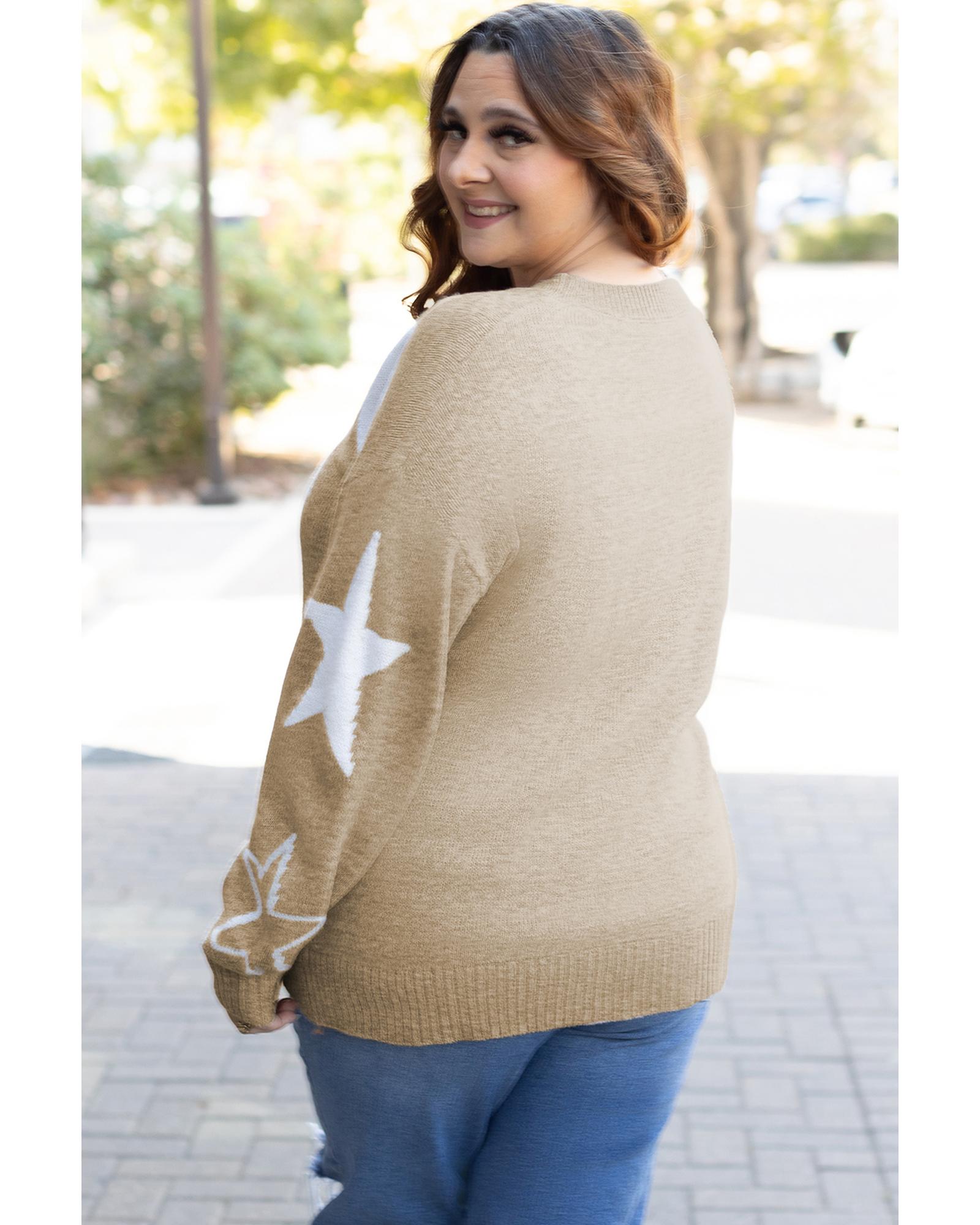 V539-AZEXPL2725042-P1622-1X-202506151911-00 Khaki Star Pattern Drop Shoulder Plus Size Sweater - 1X - Image 1