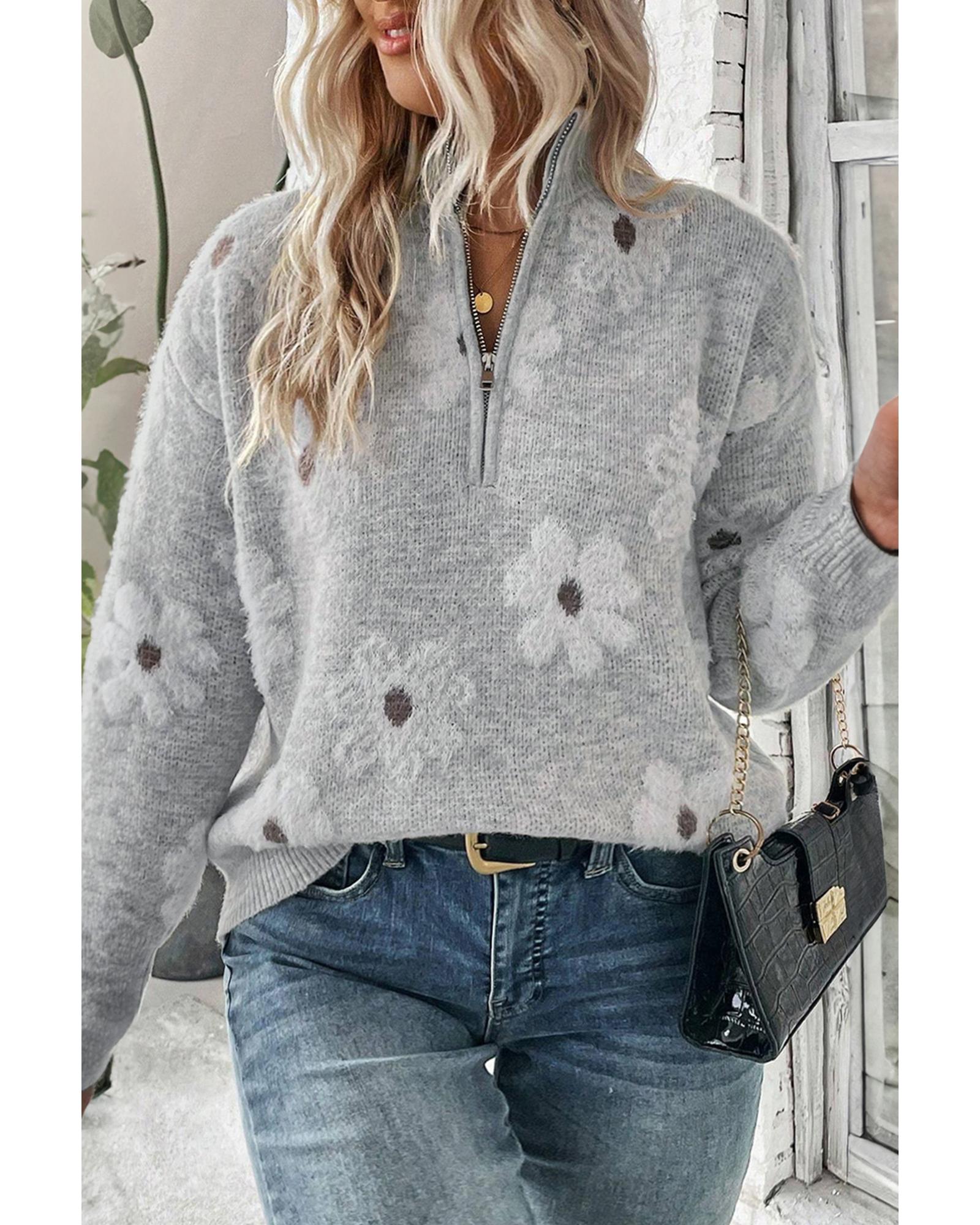 V539-AZEXPL2725102-P1122-3X-202508310110-00 Gray Plus Size Embroidered Floral Pattern Half Zip Sweater - 3X - Image 1