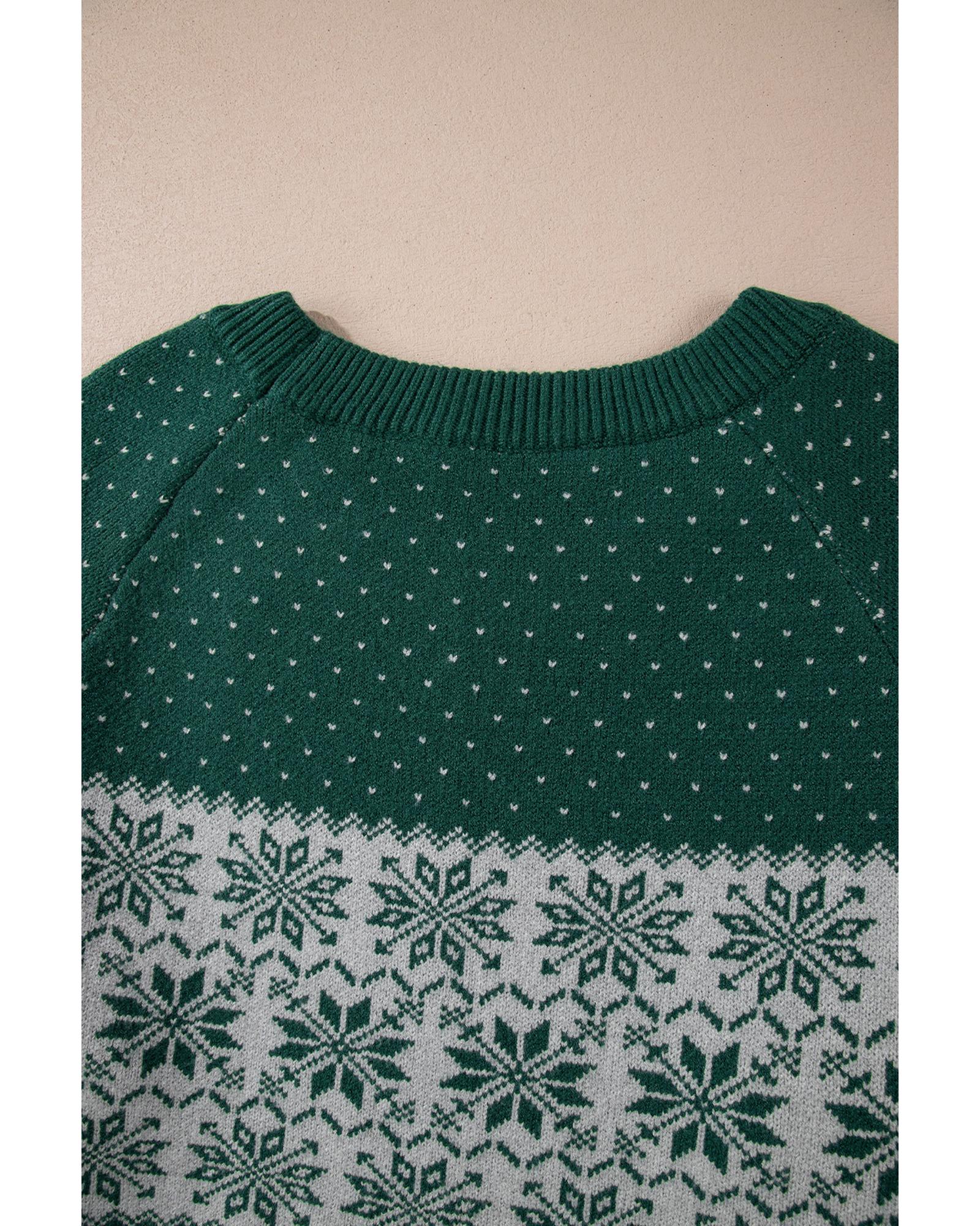 V539-AZEXPL2725241-P922-1X-202506151917-00 Green Christmas Snowflake Pattern Drop Shoulder Plus Size Sweater - 1X - Image 1
