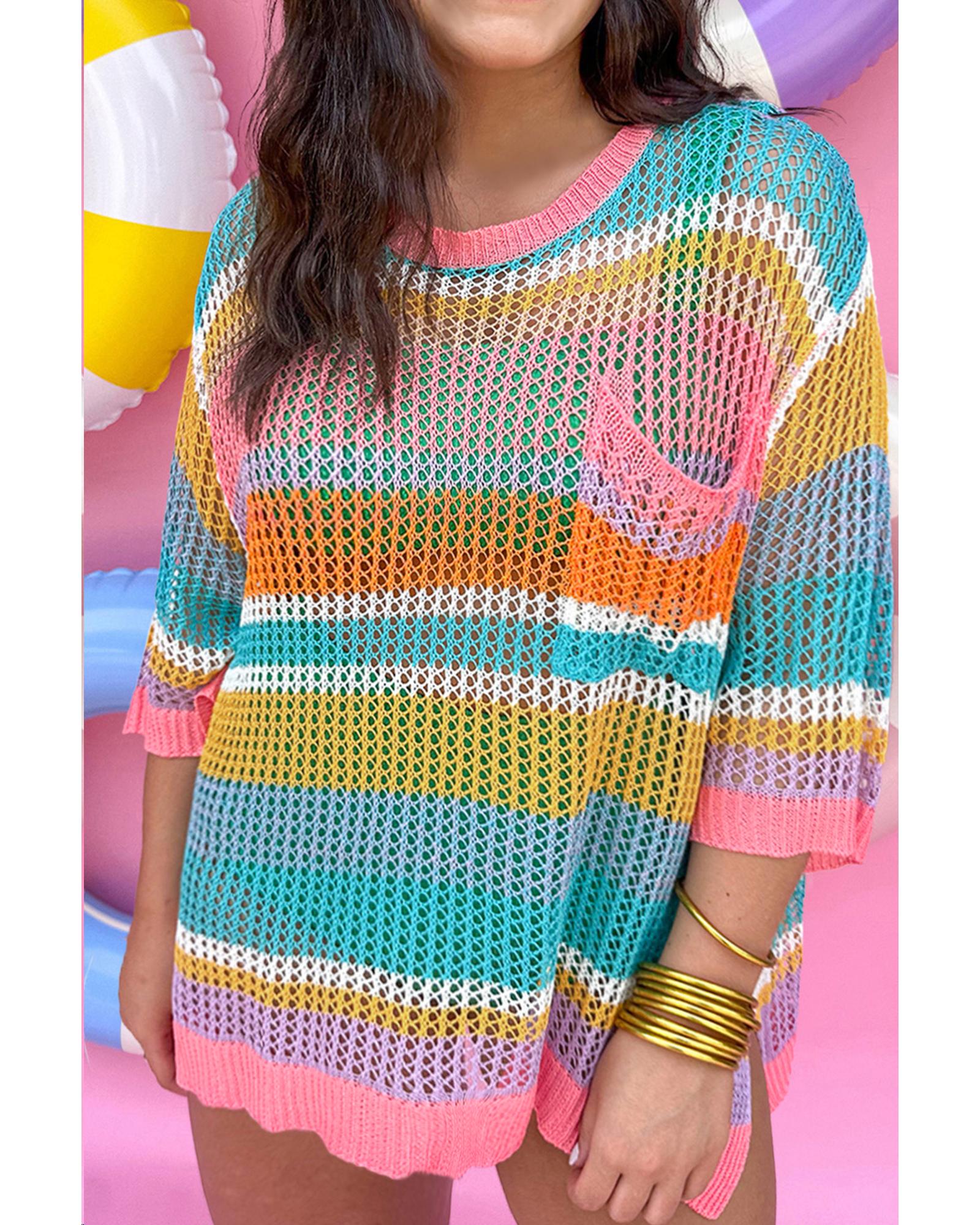 V539-AZEXPL277431-P1019-4X-202508300830-00 Pink Stripe Plus Size Open Knit Patch Pocket Short Sleeve Sweater - 4X - Image 1