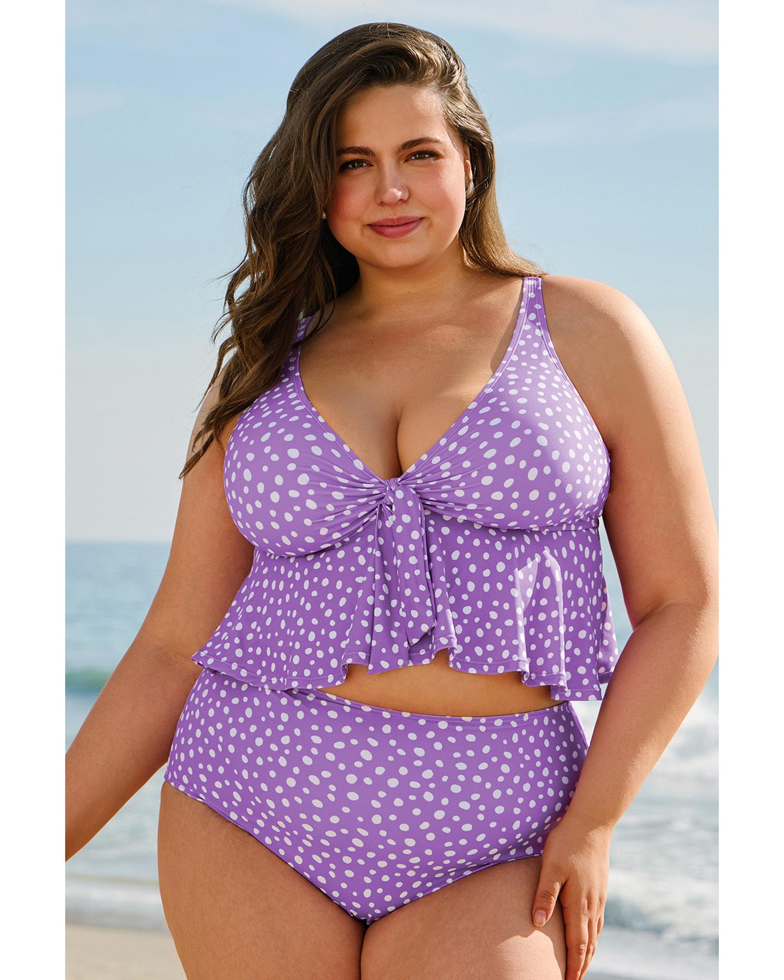 V539-AZEXPL41024-P820-3X-202508300930-00 Purple Plus Size Polka Dot Print Ruffled Knotted V Neck Tankini Set - 3X - Image 1