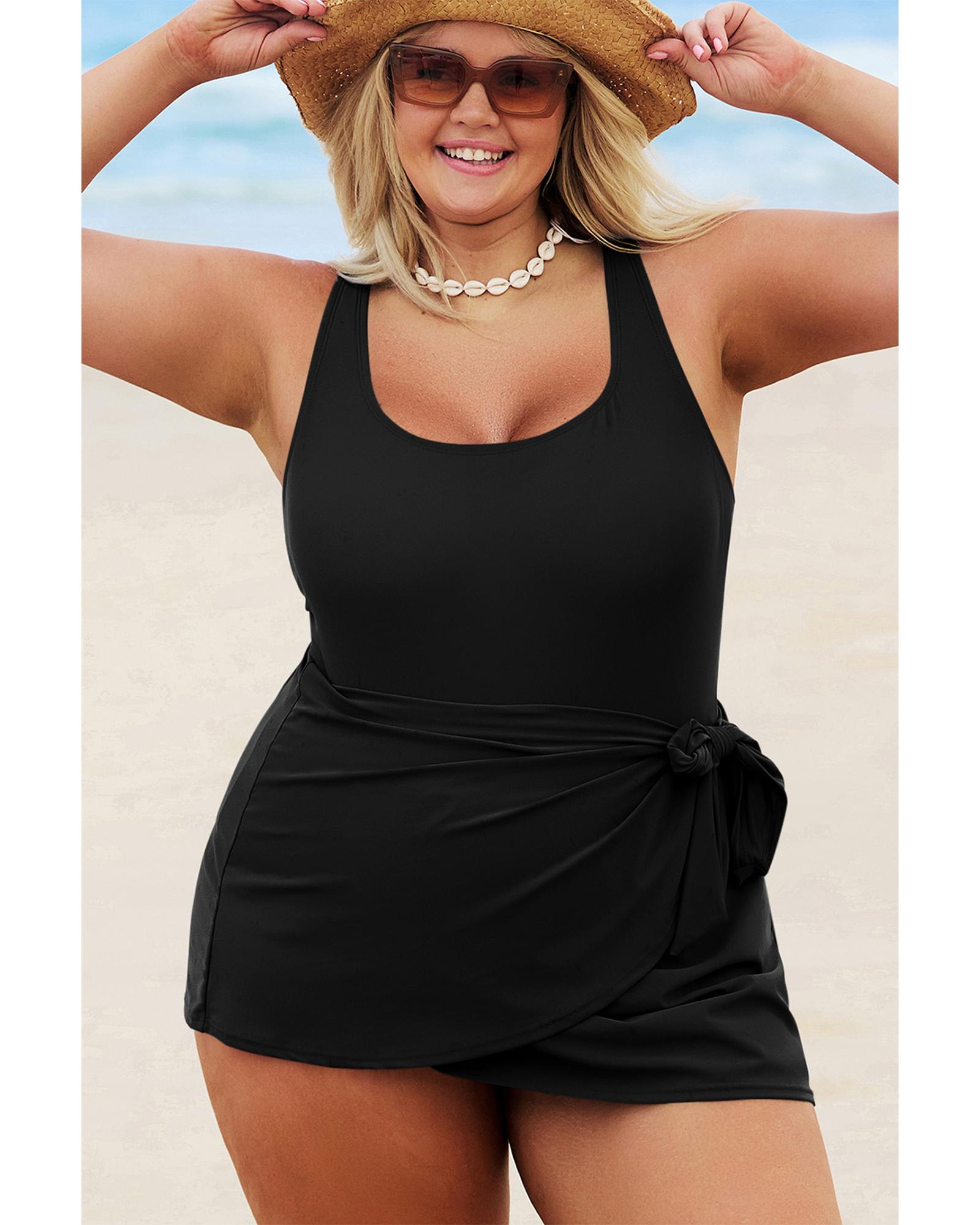 V539-AZEXPL41025-P2-1X-202506151932-00 Black Solid Color Square Neck Knotted Plus Size One Piece Swimsuit - 1X - Image 1