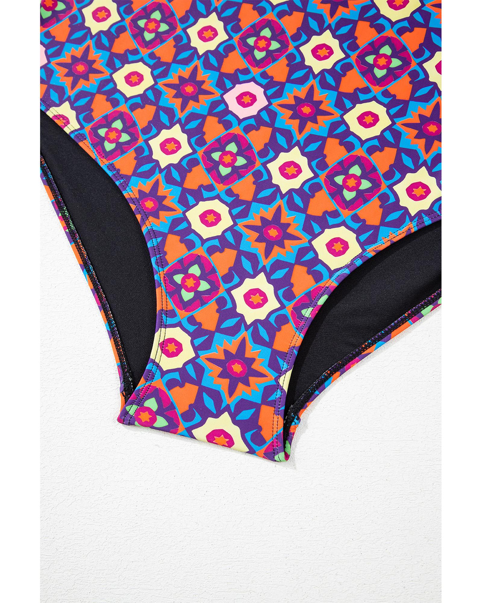 V539-AZEXPL41027-P2-3X-202508301030-00 Black Drawstring Tied Front Flared Top Geometric Print Bottom Plus Size Tankinis - 3X - Image 1