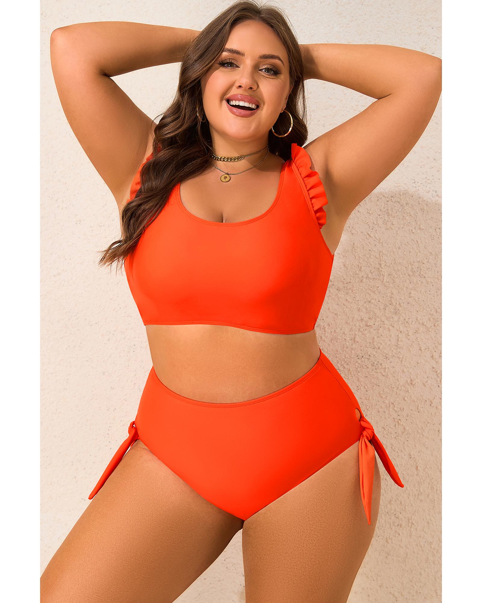 V539-AZEXPL43023-P14-4X-202508310015-00 Orange Ruffled Trim Knotted High Waist Plus Size Bikini Set - 4X - Image 1