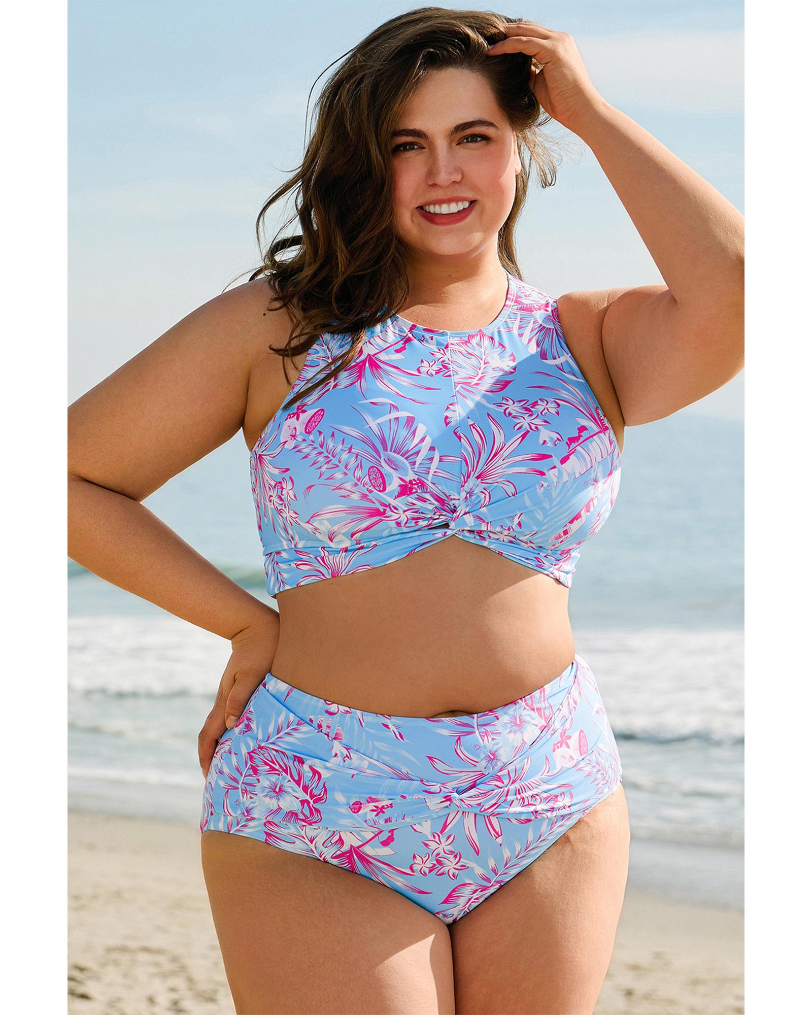 V539-AZEXPL43025-P420-3X-202508310210-00 Sky Blue Plus Size Floral Print Twisted High Waist Bikini Set - 3X - Image 1