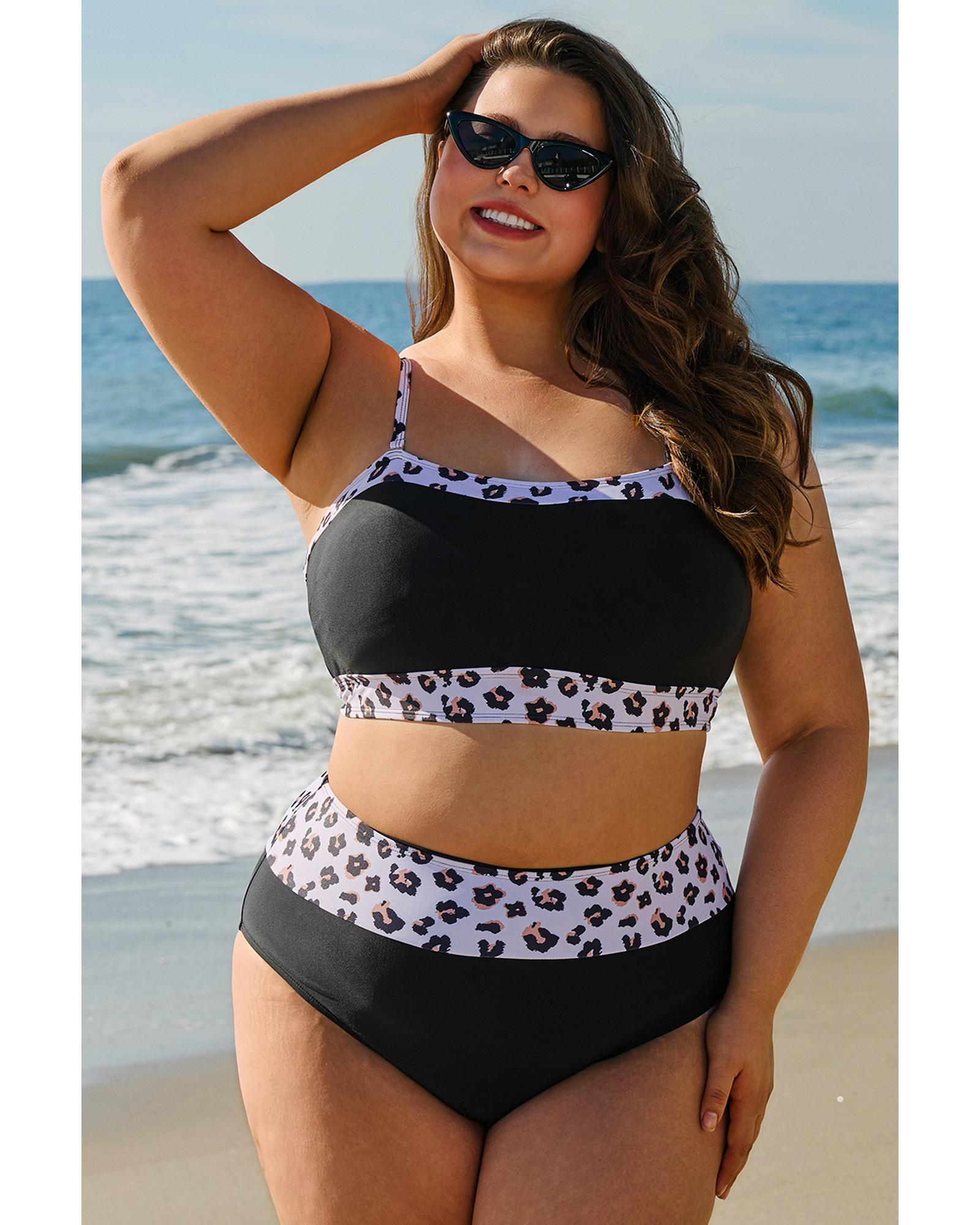 V539-AZEXPL43057-P2-1X-202506152017-00 Black 2pcs Leopard Patchwork Plus Size High Waisted Swimsuit - 1X - Image 1