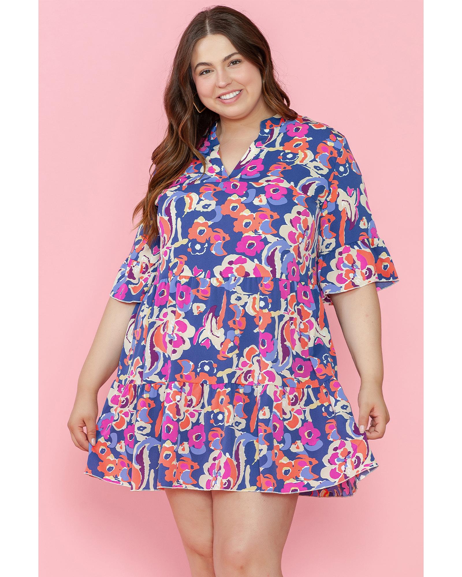 V539-AZEXPL611443-P520-1X-202506151741-00 Blue Plus Size Floral Print Ruffled 3/4 Sleeve Mini Dress - 1X - Image 1