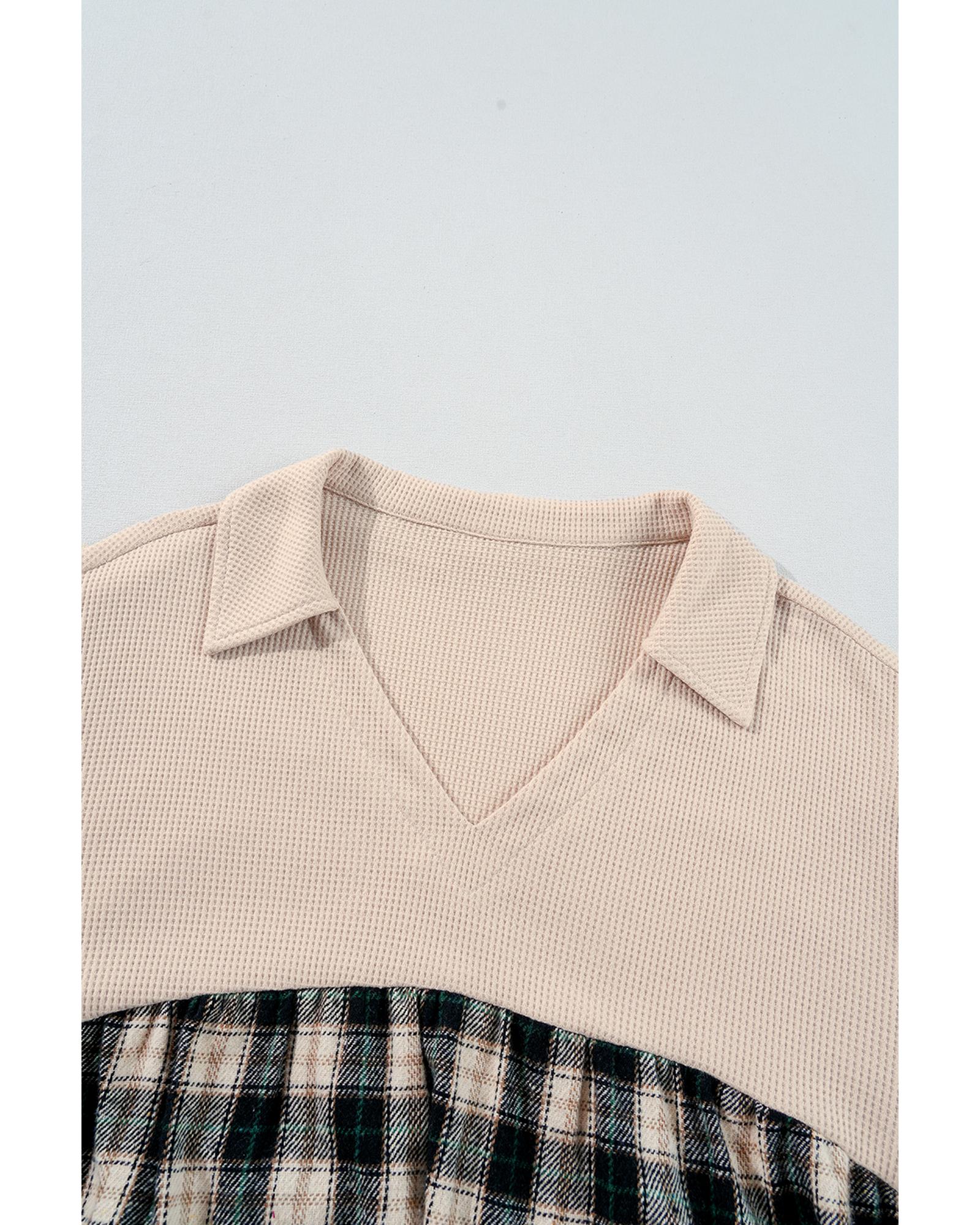 V539-AZEXPL611872-P222-1X-202506152151-00 Black Plaid Waffle Knit Patchwork Collared V Neck Plus Size Mini Dress - 1X - Image 1