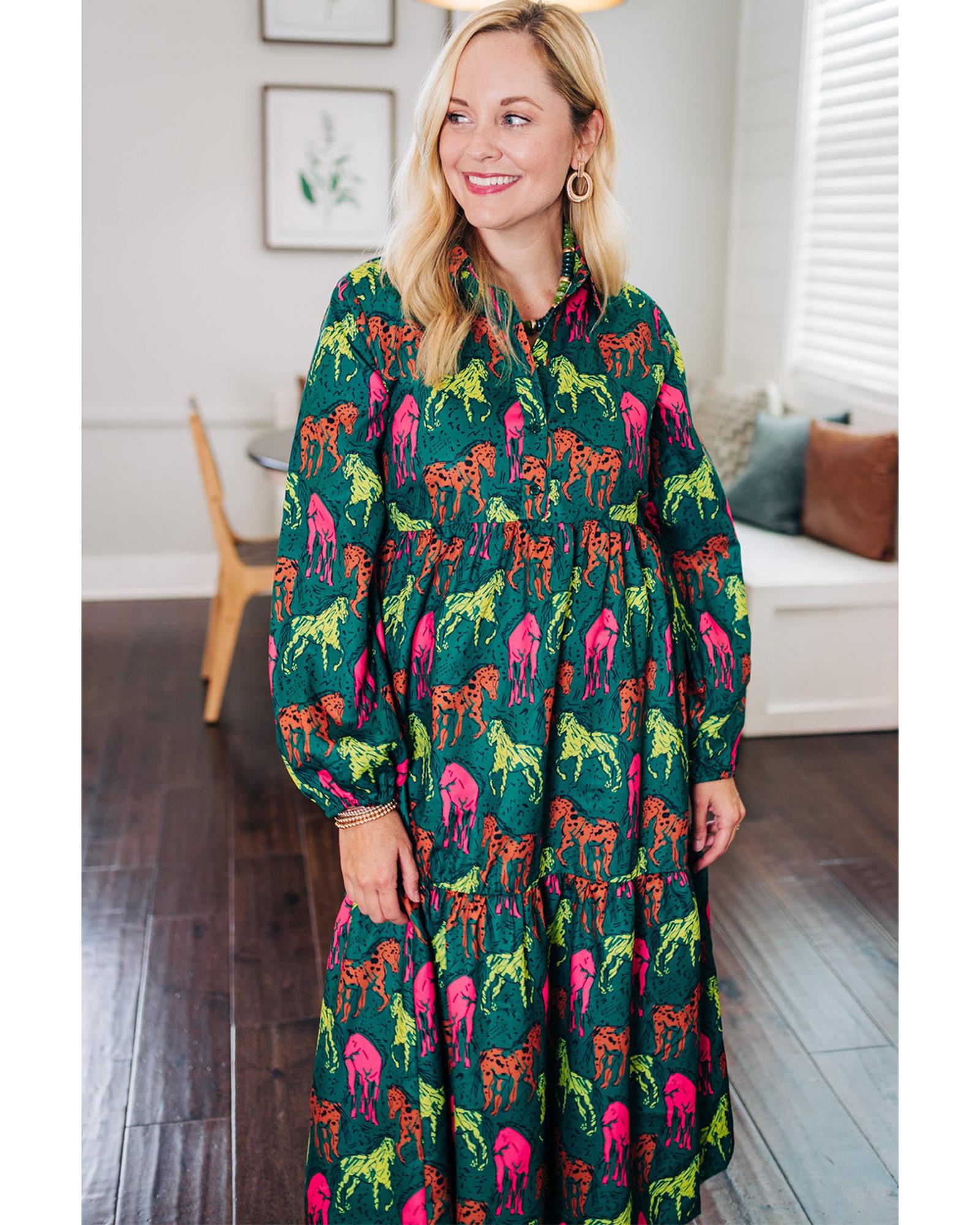 V539-AZEXPL611909-P920-1X-202506191915-00 Green Horse Printed Long Sleeve Collared Buttoned Plus Size Midi Dress - 1X - Image 1
