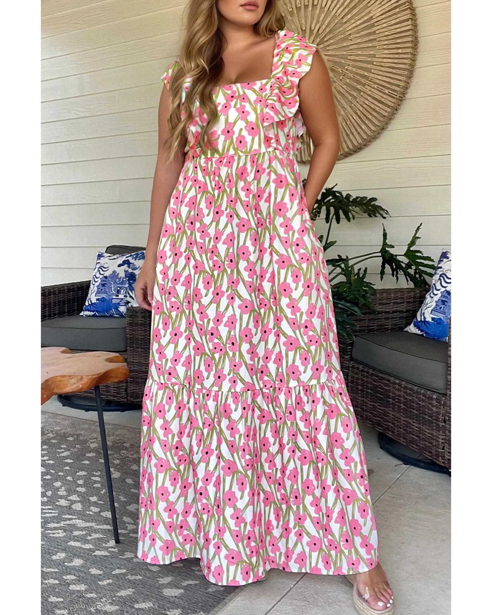 V539-AZEXPL6119896-P1020-4X-202508310150-00 Pink Plus Size Ruffle Trim Square Neck High Waist Floral Maxi Dress - 4X - Image 1