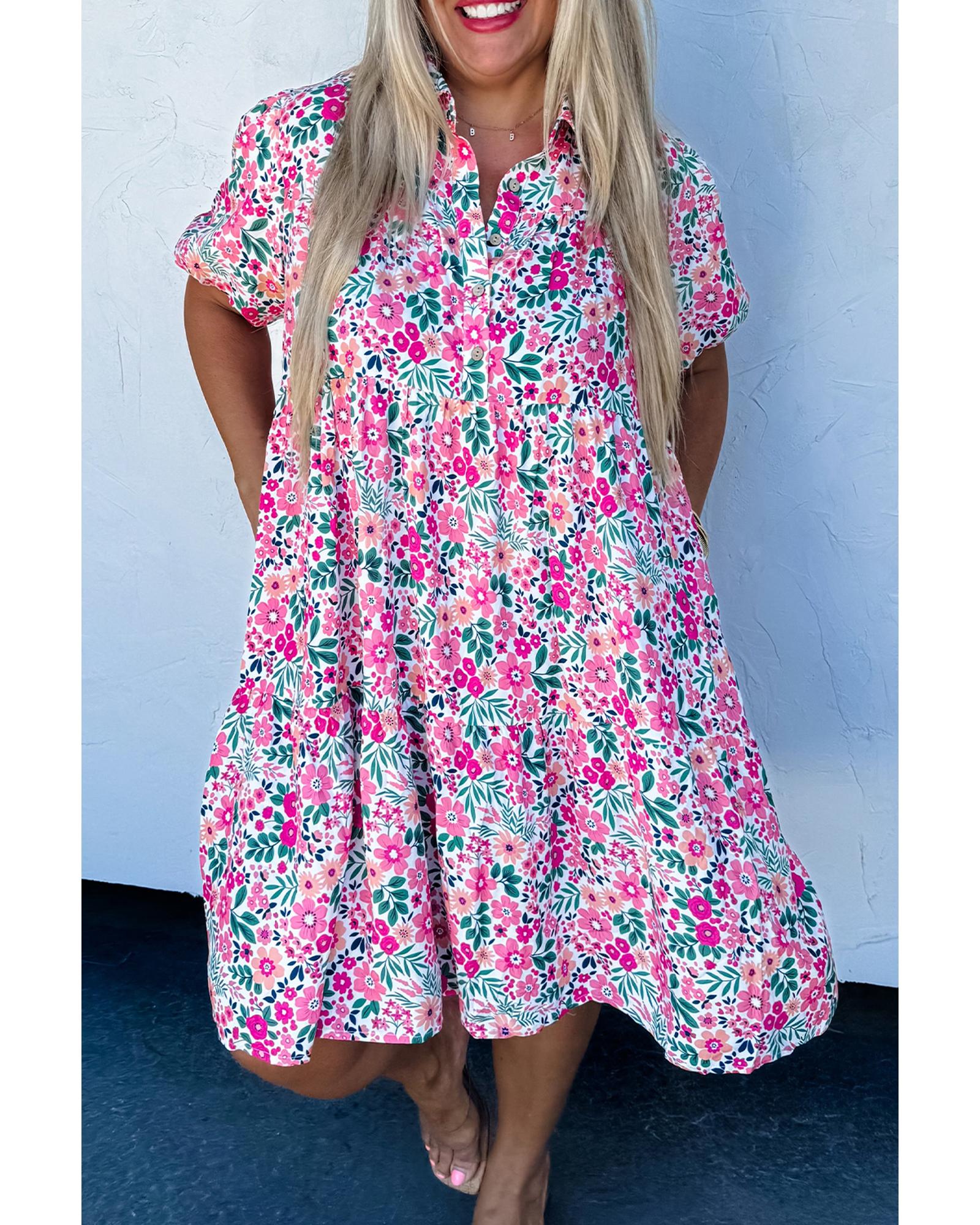 V539-AZEXPL612027-P1020-4X-202508300845-00 Pink Plus Size Floral Half Button Short Puff Sleeve A-line Dress - 4X - Image 1
