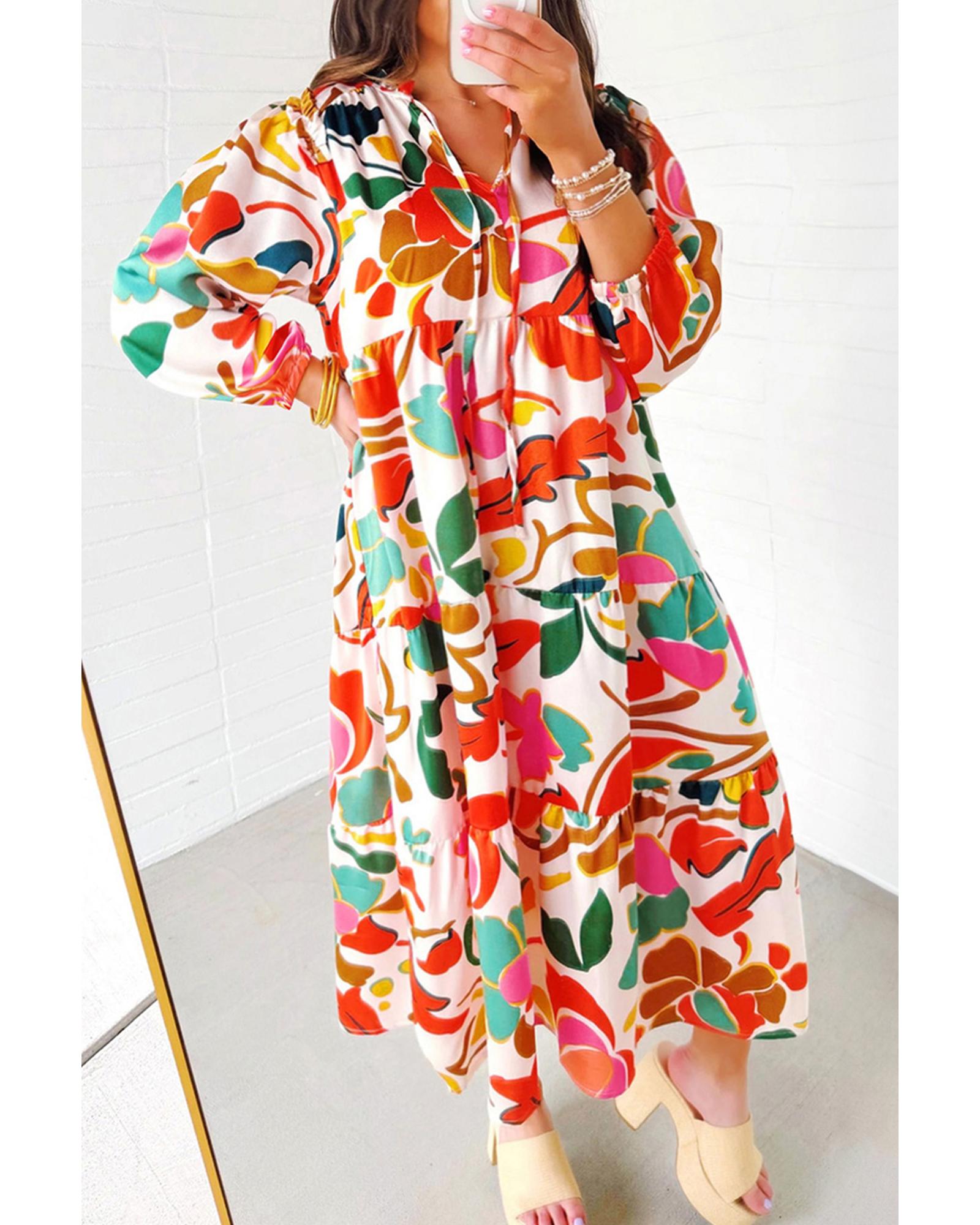 V539-AZEXPL6121578-P1422-3X-202508301620-00 Orange Floral Print Drawstring V Neck Tiered Plus Size Dress - 3X - Image 1