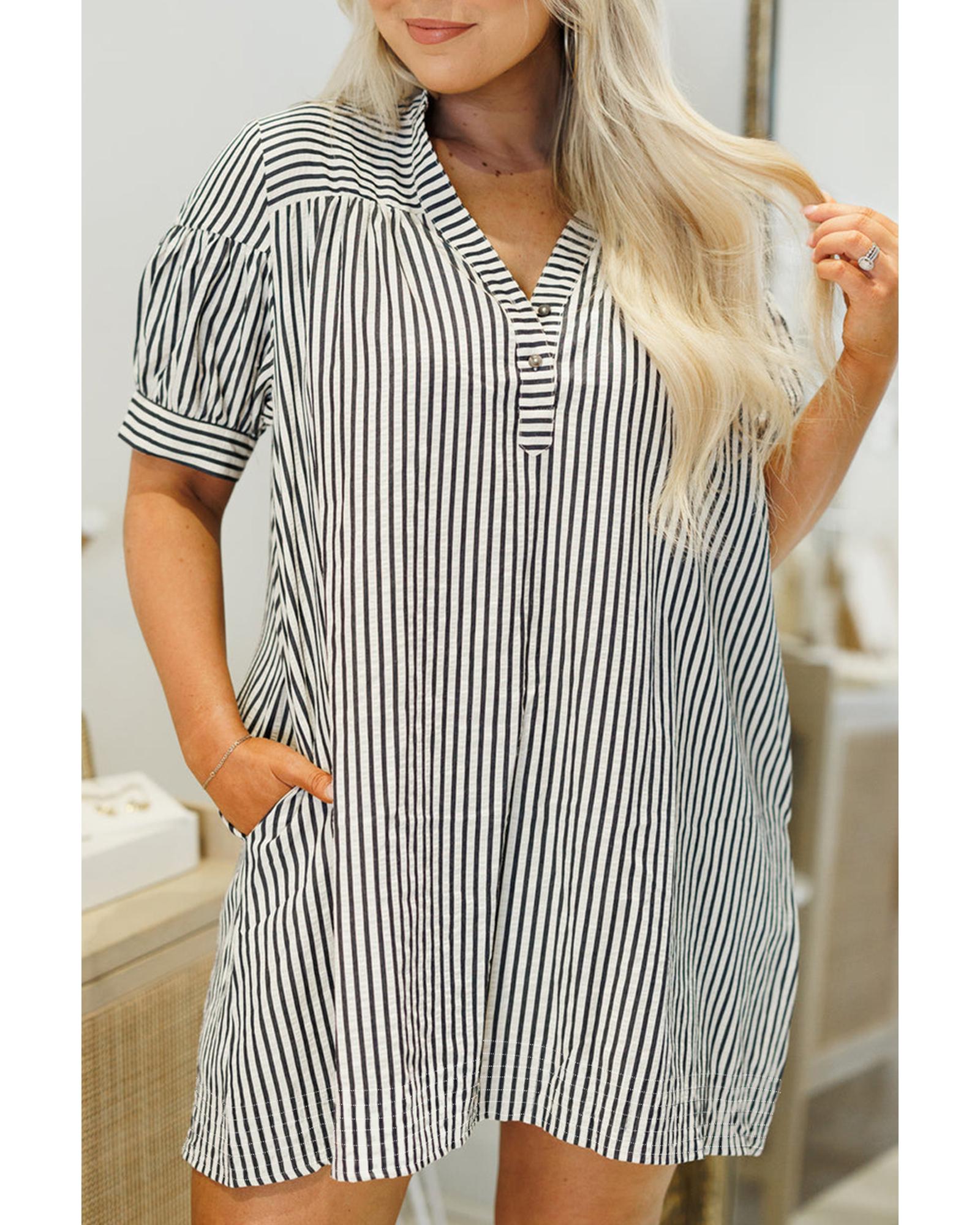 V539-AZEXPL612338-P219-4X-202508301610-00 Black Stripe Short Sleeve Buttoned V Neck Pocketed Plus Size Mini Dress - 4X - Image 1