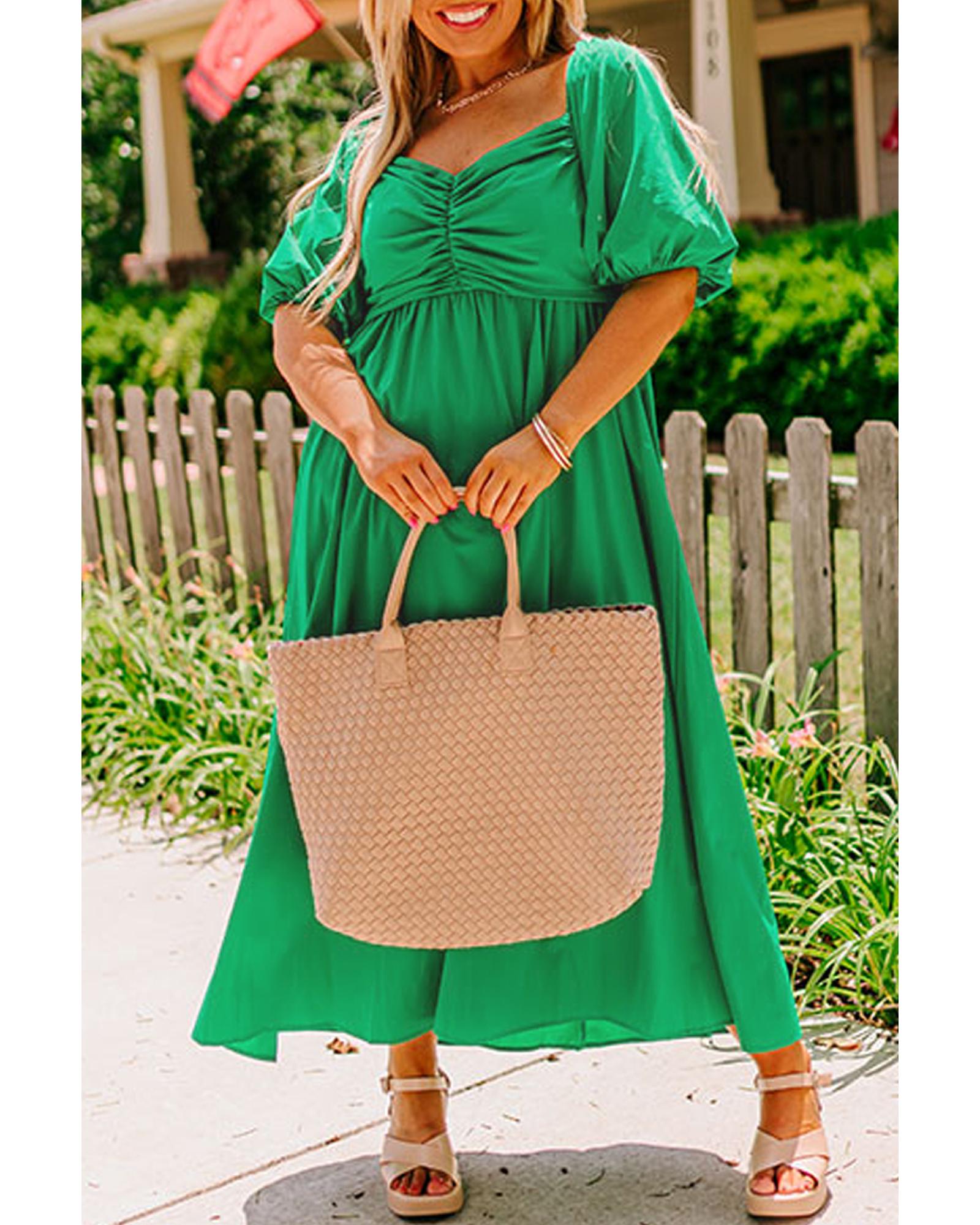 V539-AZEXPL612470-P109-3X-202508301220-00 Bright Green Ruched Front Puff Sleeve Plus Size Long Dress - 3X - Image 1