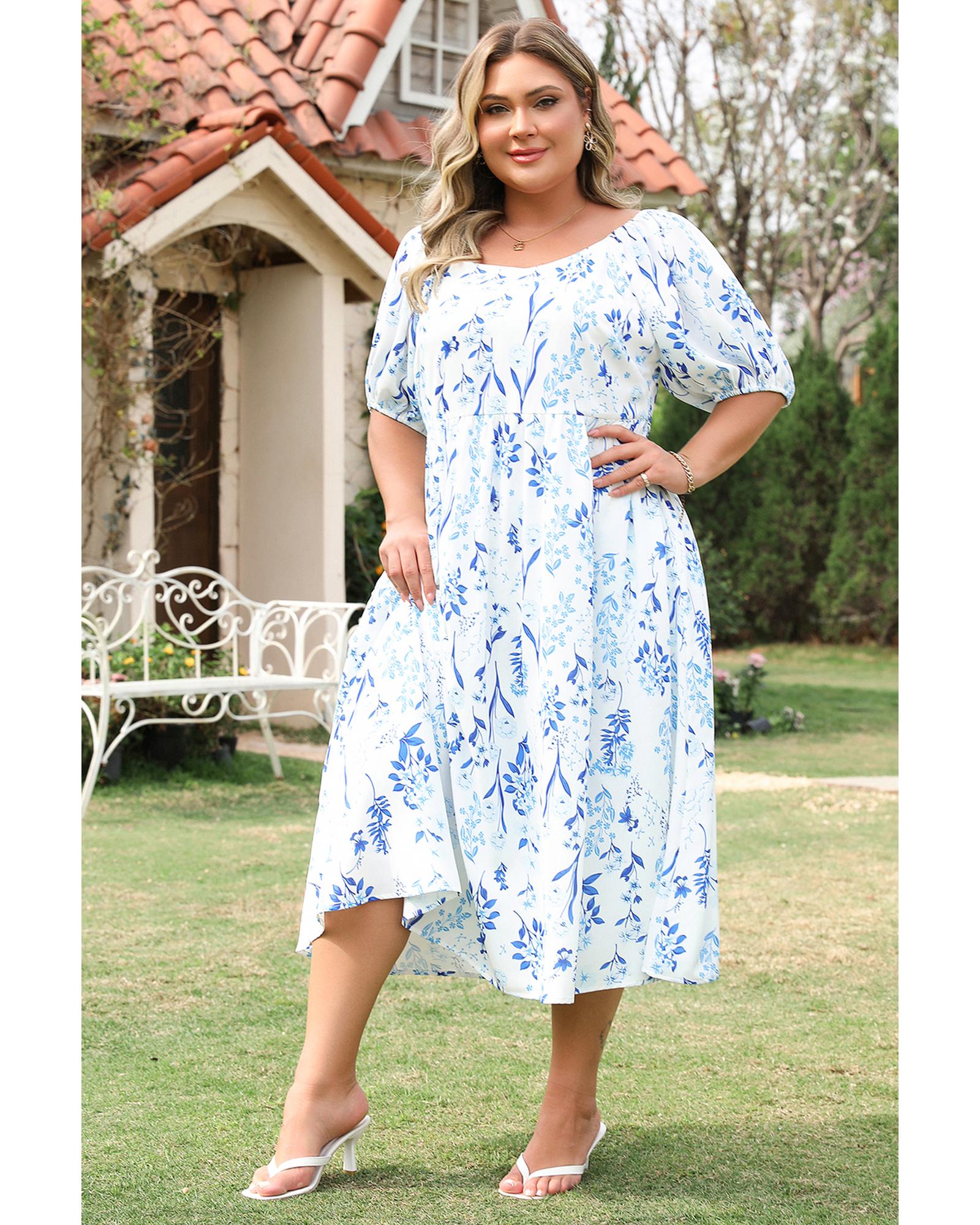 V539-AZEXPL612662-P420-4X-202508302330-00 Sky Blue Floral Print Sweetheart Neck Plus Size Midi Dress - 4X - Image 1