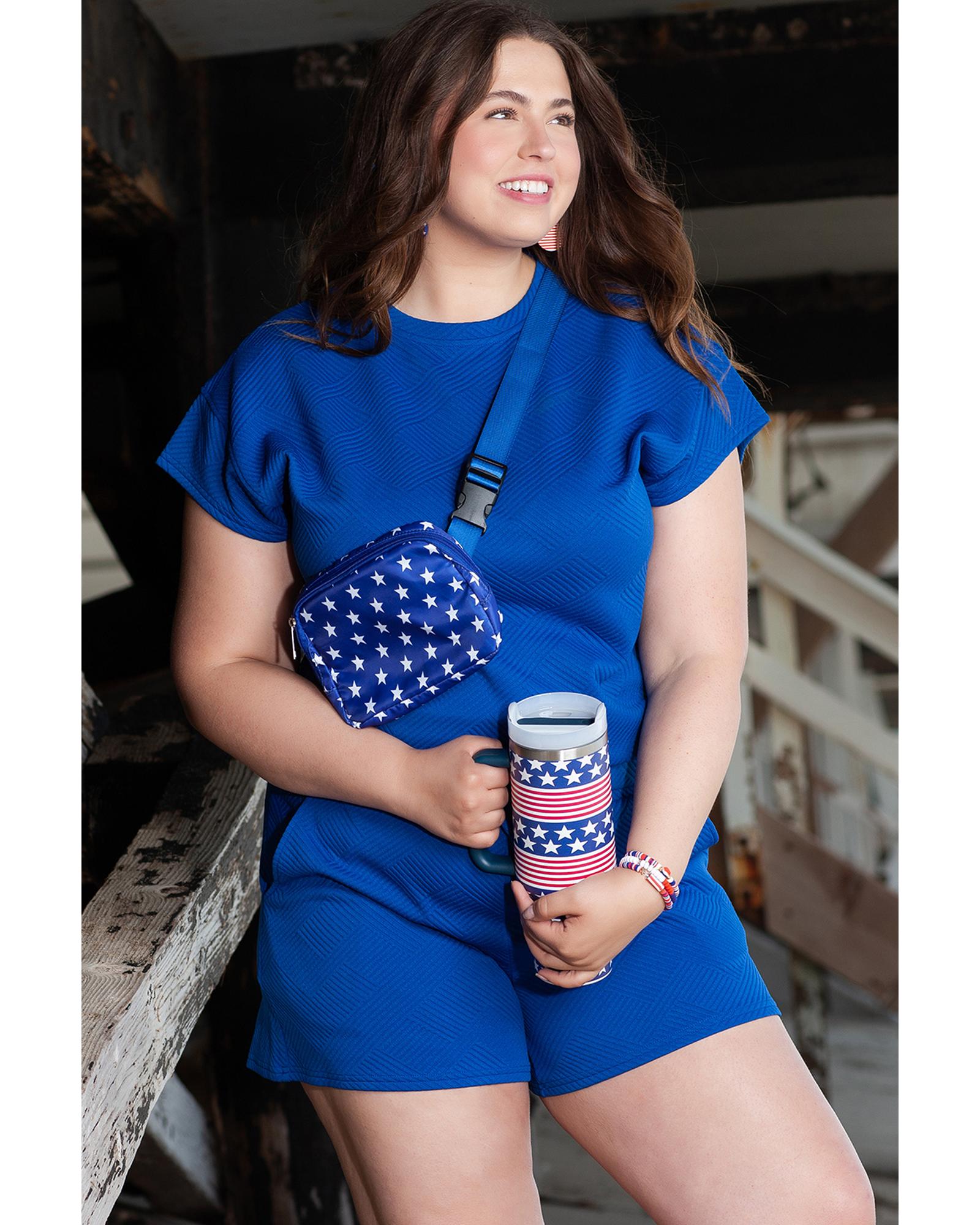 V539-AZEXPL62079-P5-2X-202508301535-00 Dark Blue Plus Size Fashion Textured Short 2pcs Outfit - 2X - Image 1