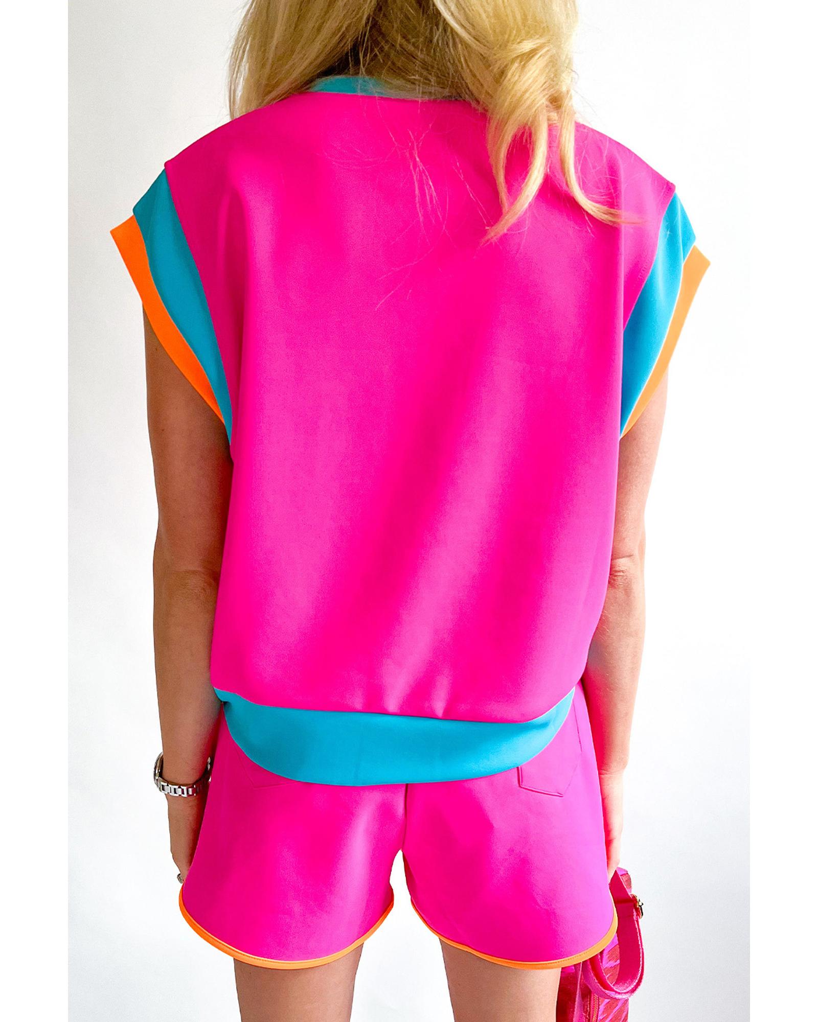 V539-AZEXPL626037-P6-2X-202508310125-00 Rose Red Colorblock Patchwork Cap Sleeve Top Plus Size Shorts Set - 2X - Image 1