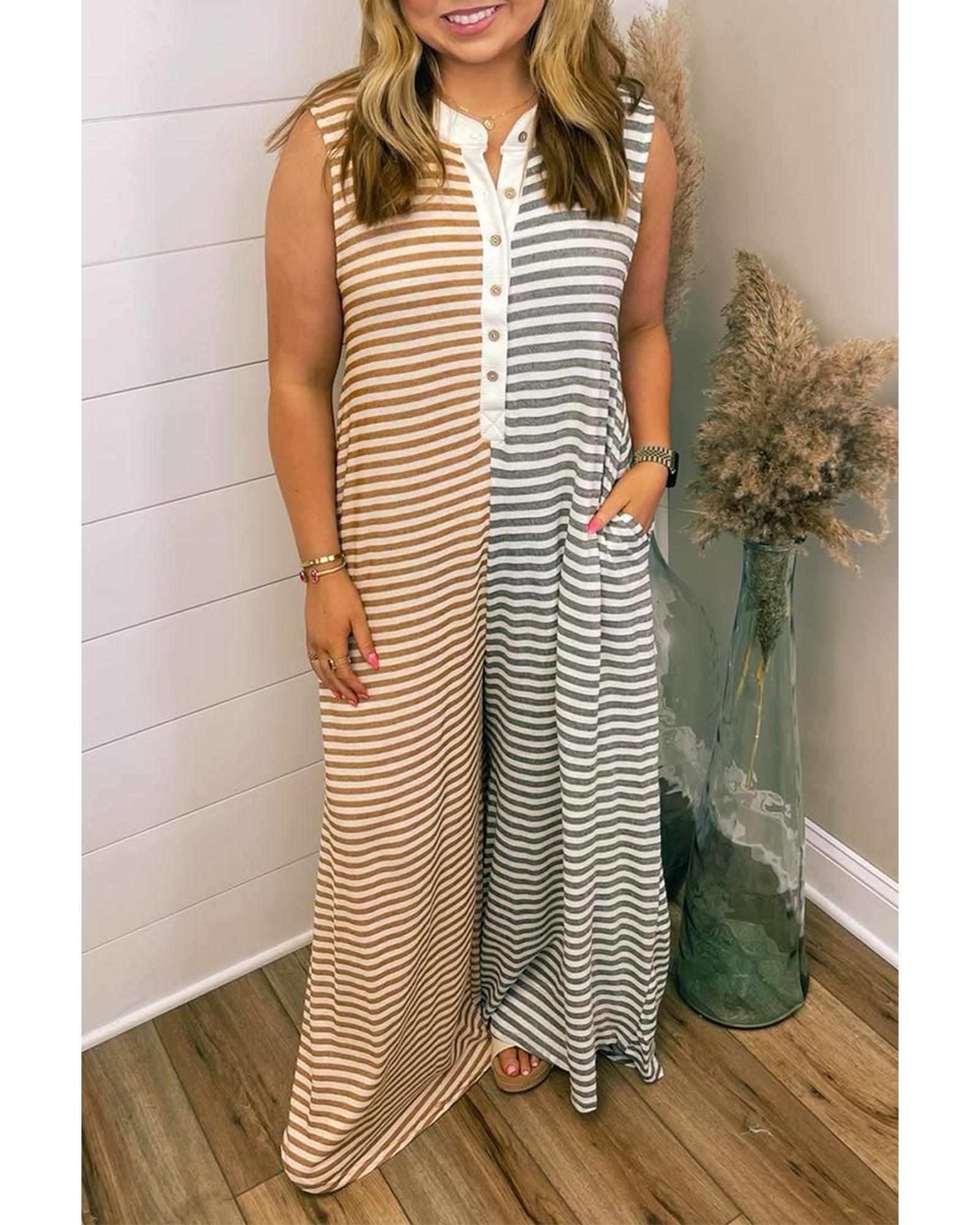 V539-AZEXPL641268-P1119-1X-202506152253-00 Gray Stripe Plus Size Color Block Buttoned Sleeveless Wide Leg Jumpsuit - 1X - Image 1