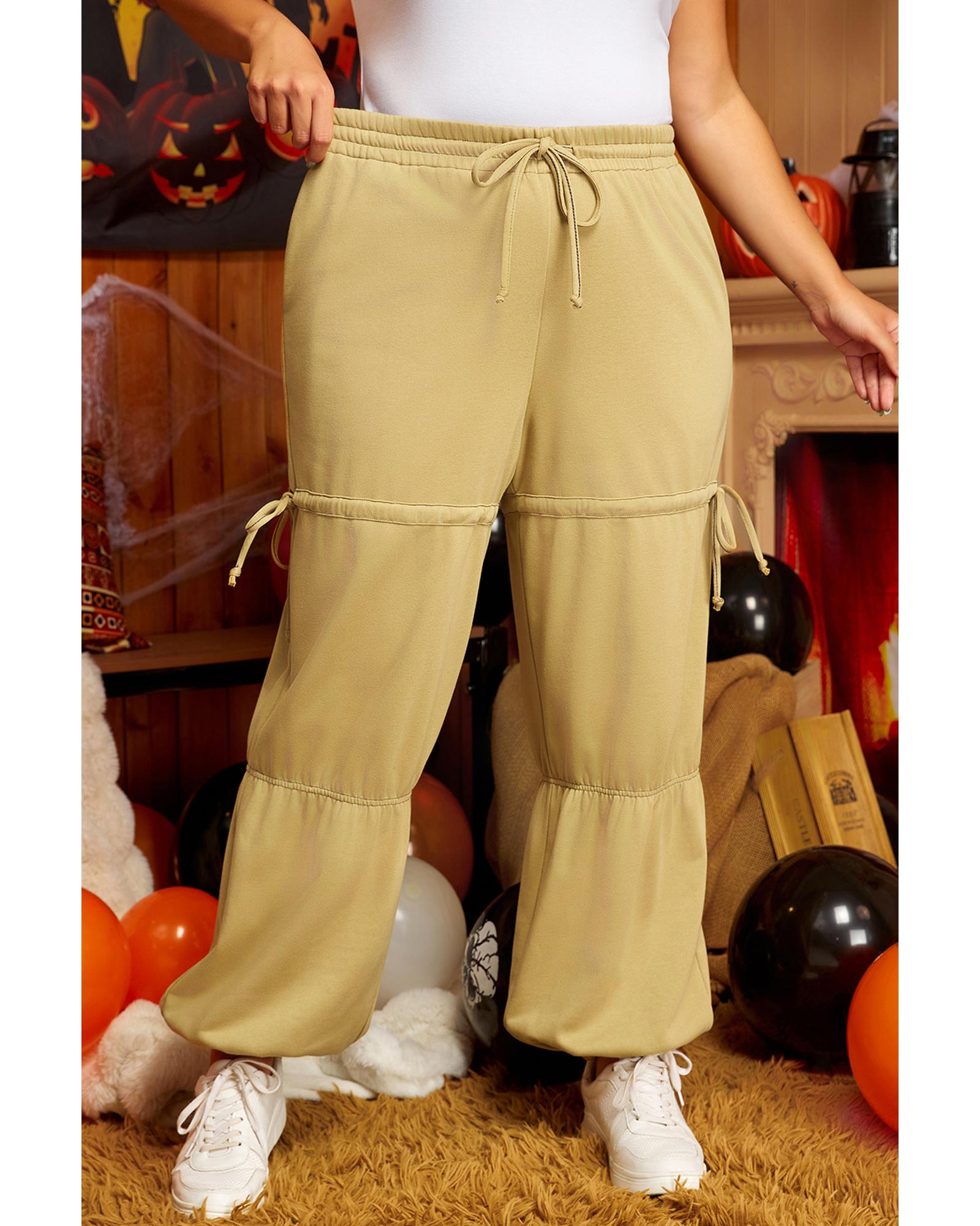 V539-AZEXPL771386-P207-3X-202508301245-00 Beige Drawstring Adjusted Band High Waist Plus Size Pants - 3X - Image 1