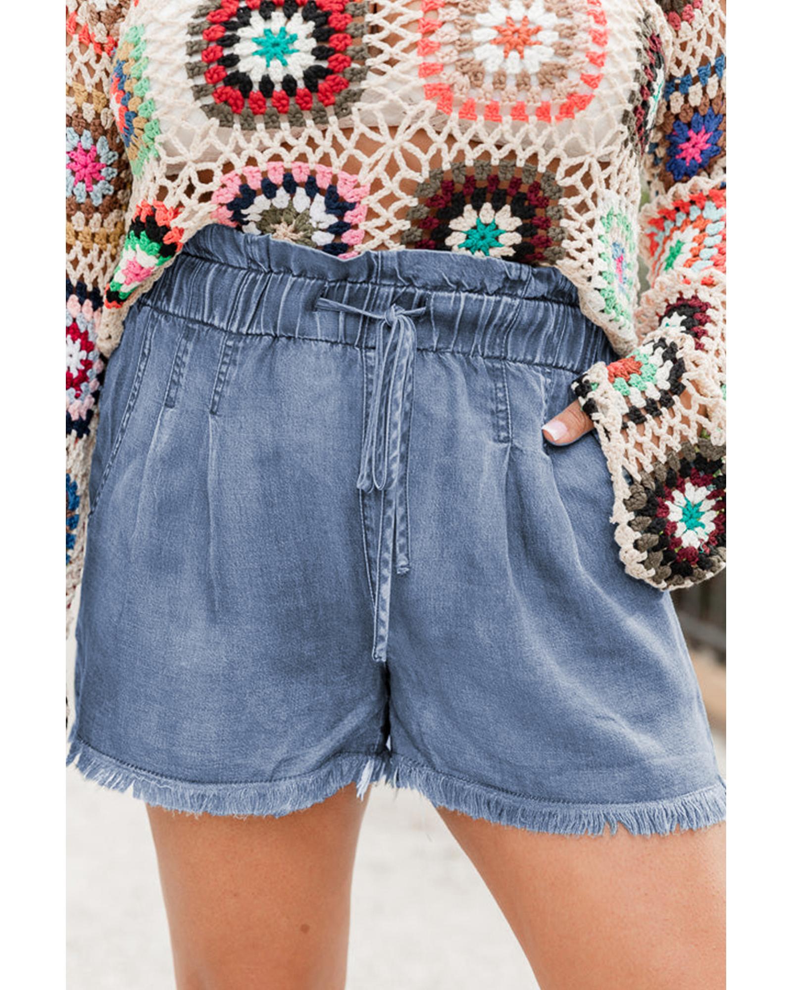 V539-AZEXPL783048-P704-1X-202506152345-00 Dusk Blue Raw Hem Lace-up High Waist Plus Size Denim Shorts - 1X - Image 1