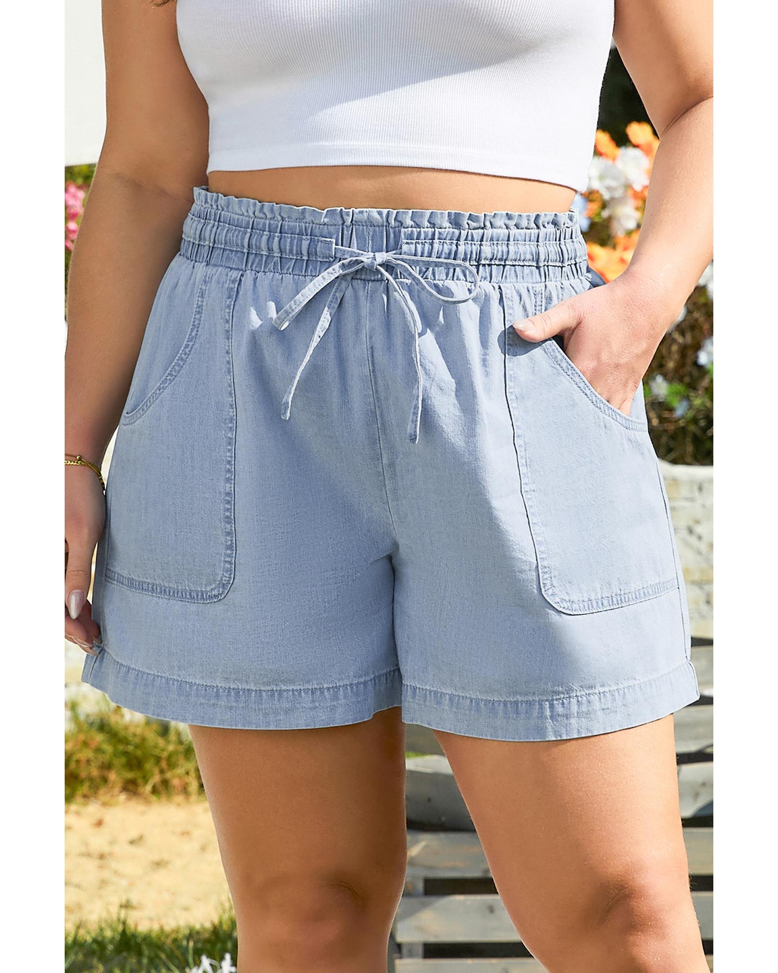 V539-AZEXPL783053-P804-3X-202508310045-00 Beau Blue Pocketed Drawstring High Waist Plus Size Denim Shorts - 3X - Image 1
