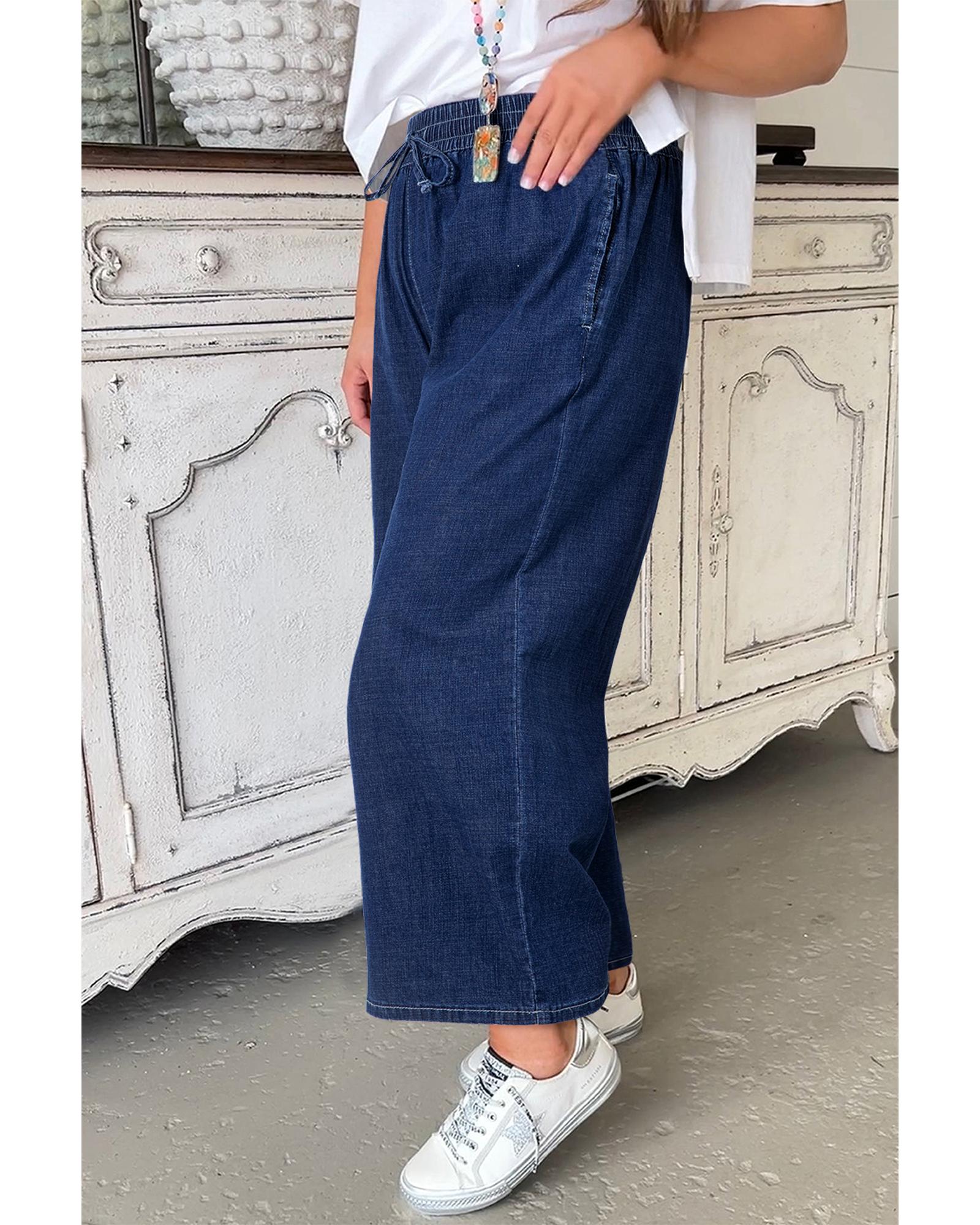 V539-AZEXPL787215-P705-3X-202508301455-00 Real Teal Plus Size Drawstring High Waist Wide Leg Casual Jeans - 3X - Image 1